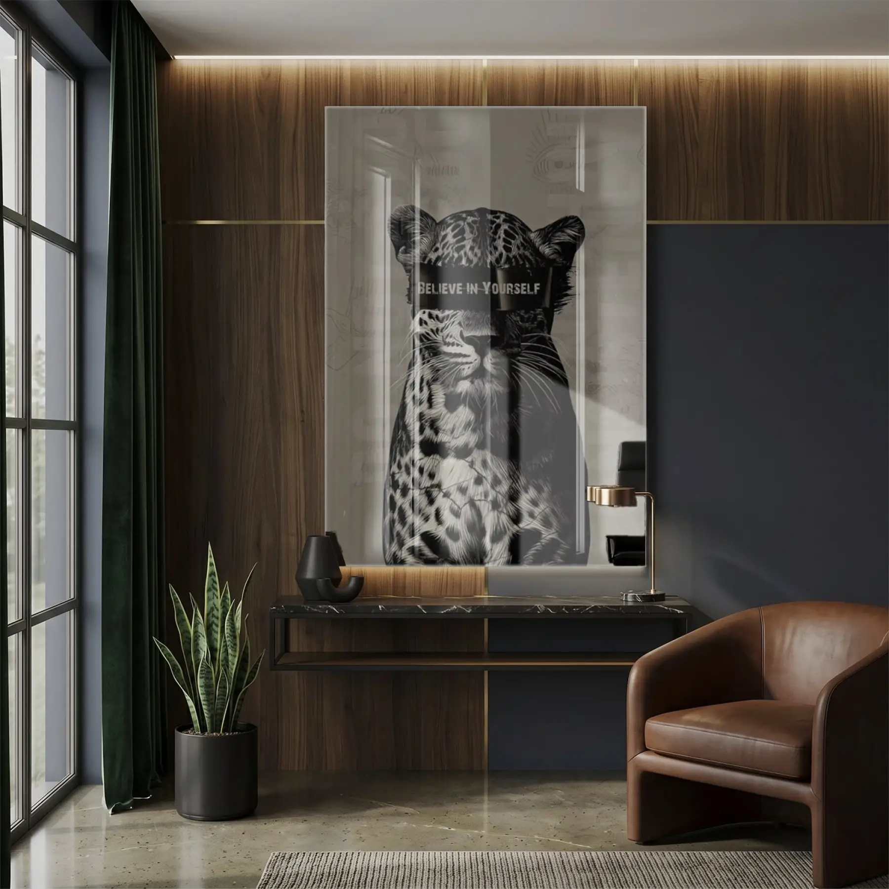 Leopar Portresi Siyah Beyaz Tonlar Tekli Cam Tablo Salon Oturma Odası Duvar Dekoru