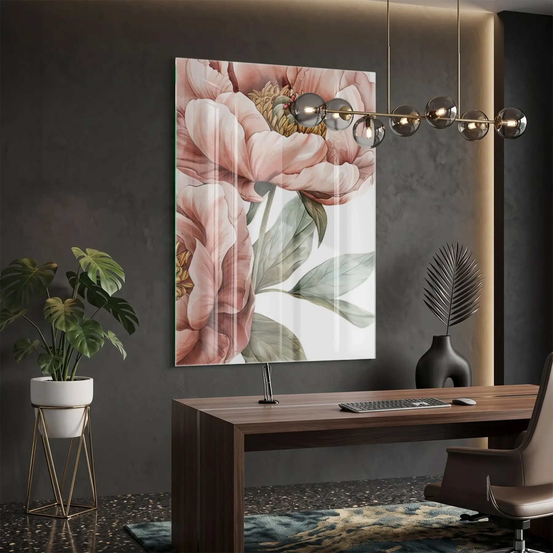 Şakayık Çiçekleri Pastel Pembe Tonları Tekli Cam Tablo Ev Dekorasyonu Oda