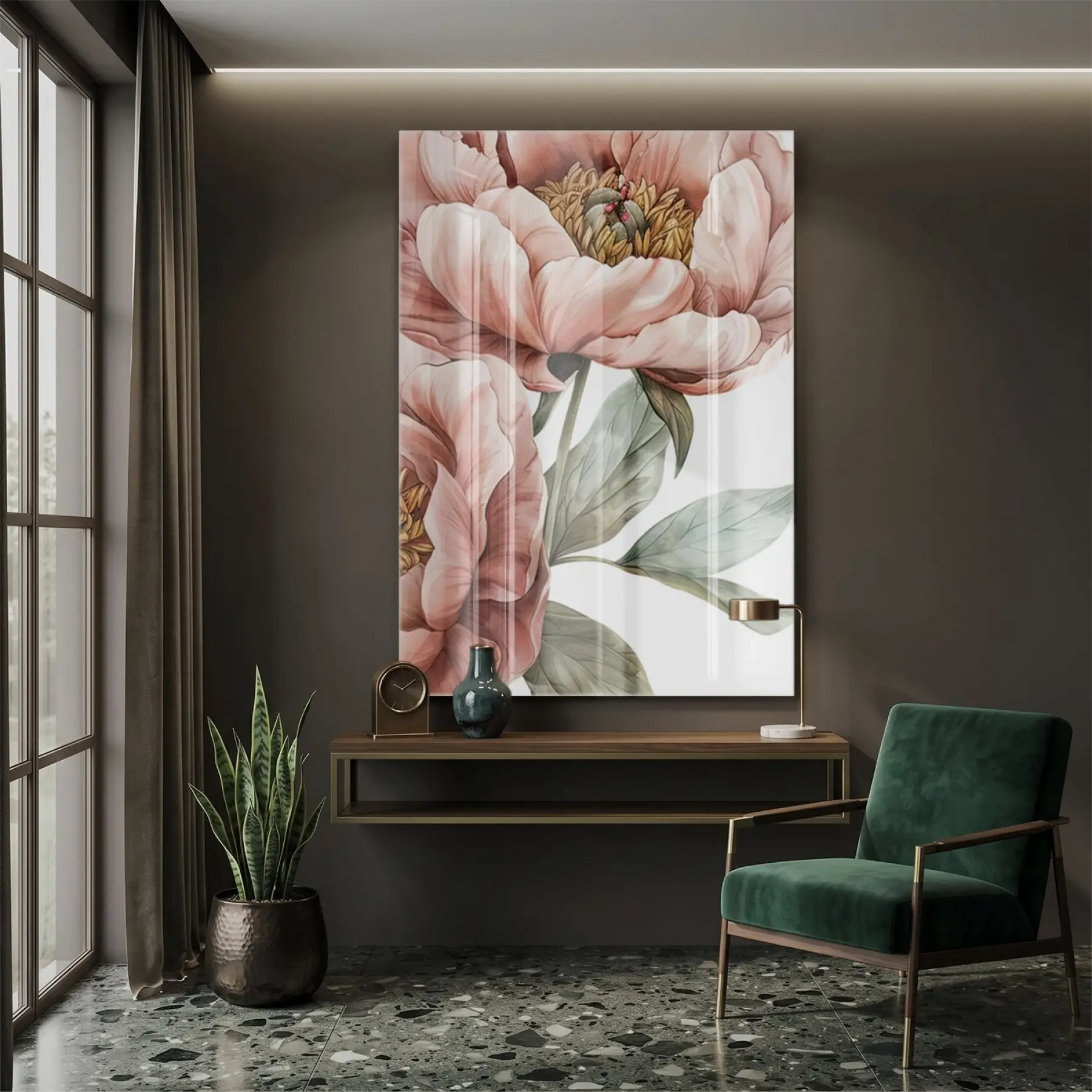 Şakayık Çiçekleri Pastel Pembe Tonları Tekli Cam Tablo Ev Dekorasyonu Oda