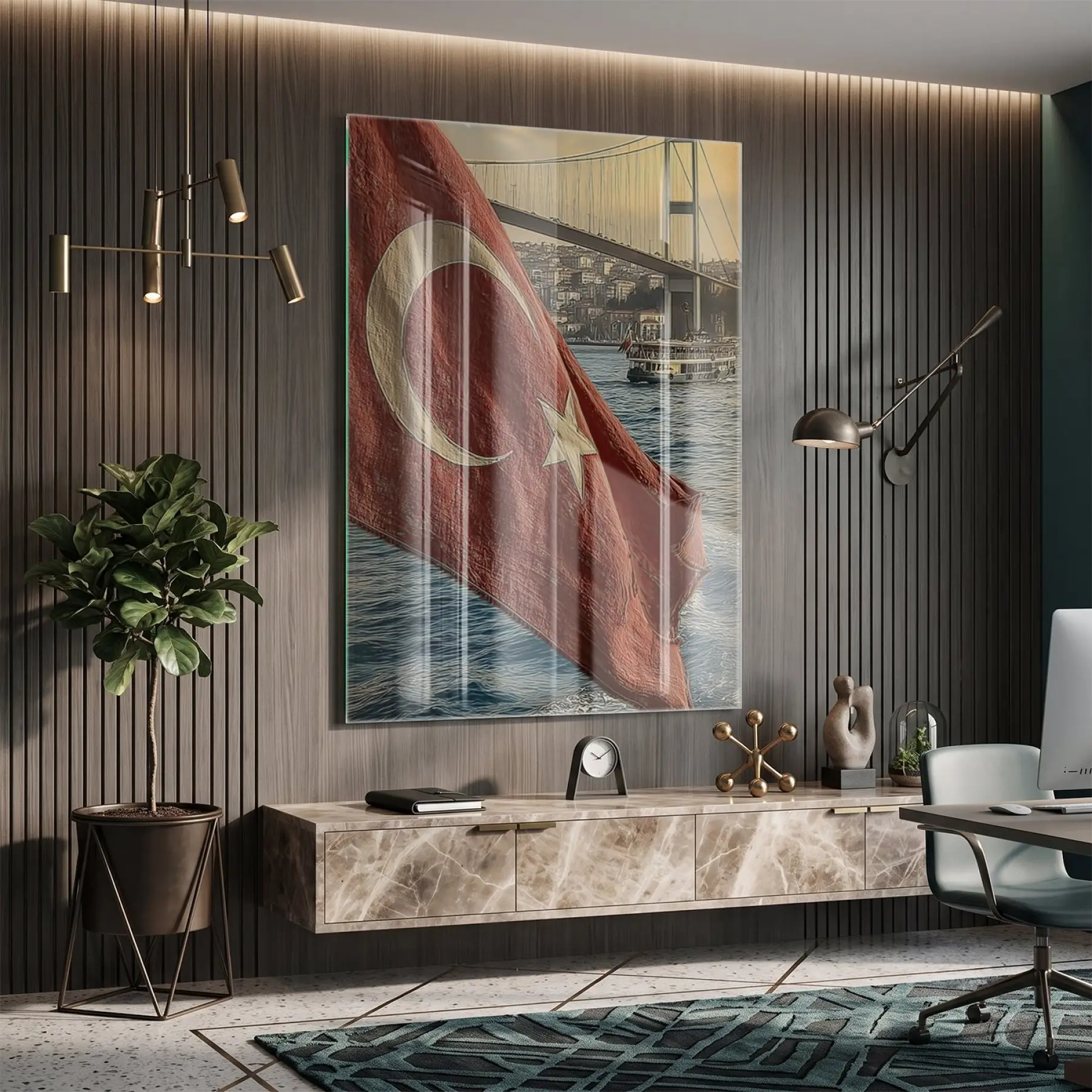 Türk Bayrağı Kırmızı Mavi Tonları Tekli Cam Tablo Duvar Salon Aksesuarları