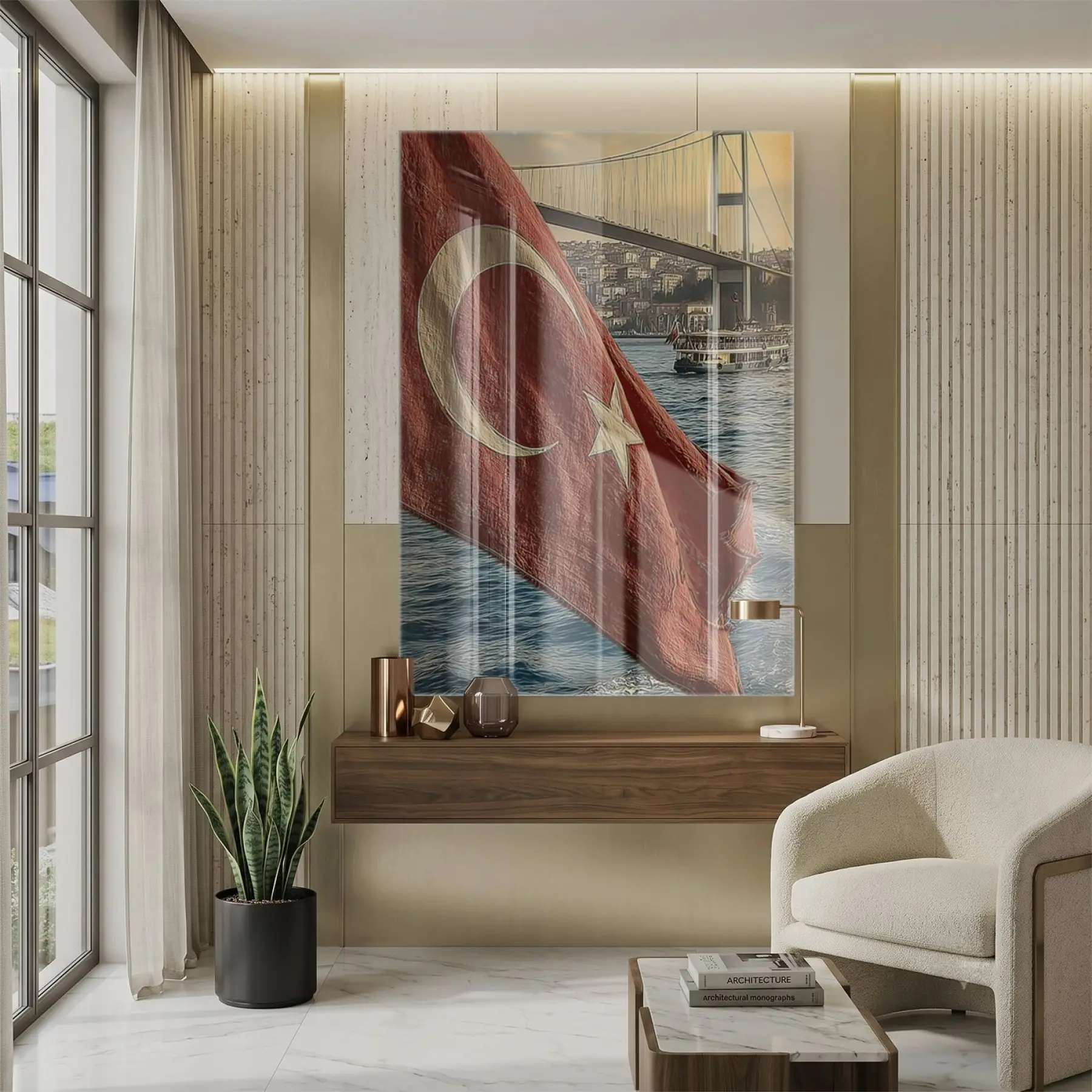 Türk Bayrağı Kırmızı Mavi Tonları Tekli Cam Tablo Duvar Salon Aksesuarları