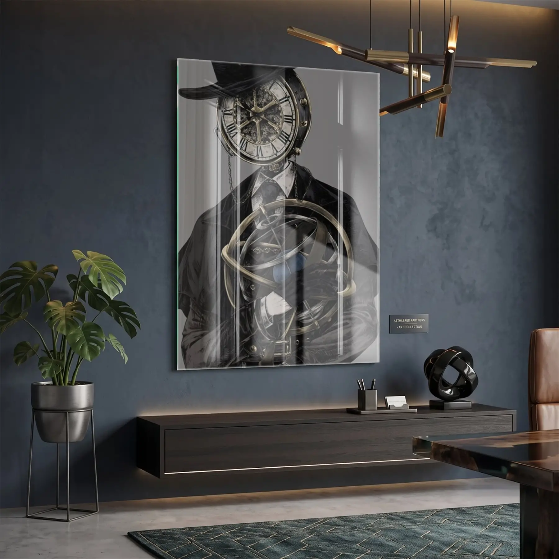 Steampunk Zaman Antik Bronz Tonlar Tekli Cam Tablo Salon Oturma Odası Duvar Dekoru