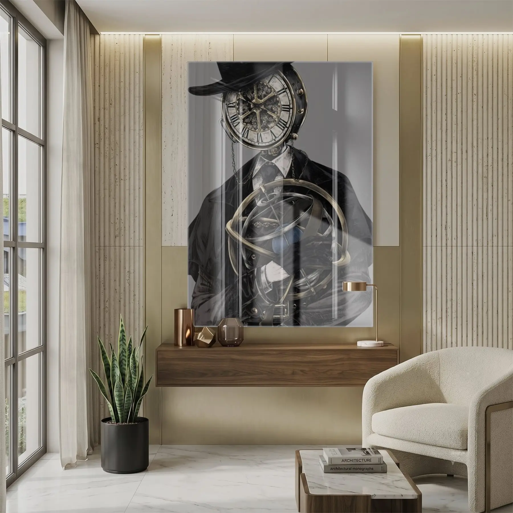 Steampunk Zaman Antik Bronz Tonlar Tekli Cam Tablo Salon Oturma Odası Duvar Dekoru