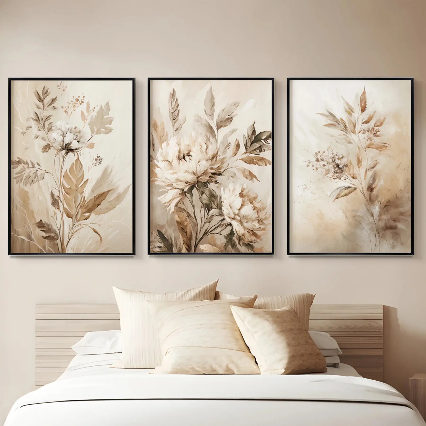 Krem Çiçek Detaylı Siyah Metal Çerçeveli Cam Tablo