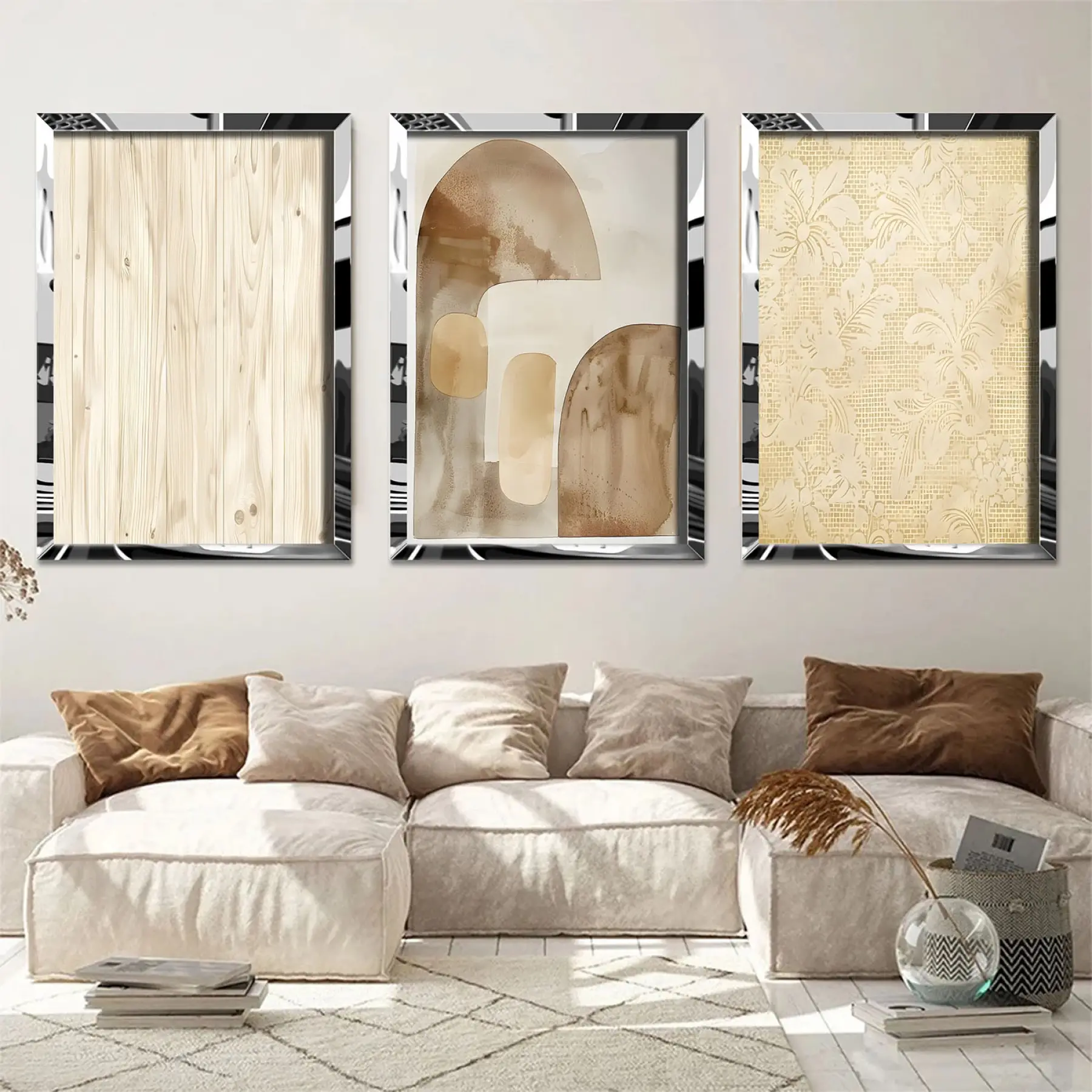 Krem Geometrik Desenli Pleksi Tablo Seti