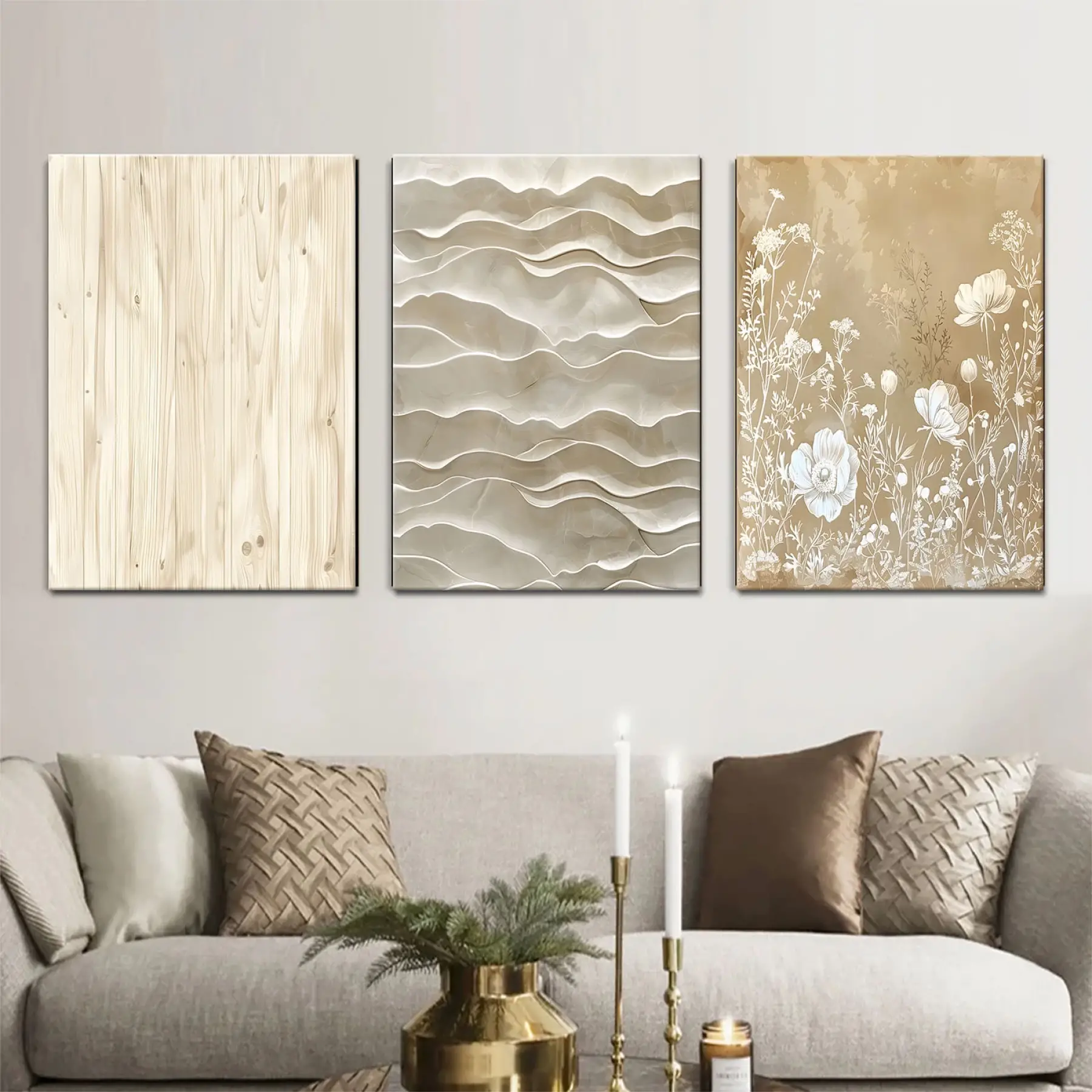 Krem ve Beyaz Tonlar Üçlü Kanvas Tablo Seti