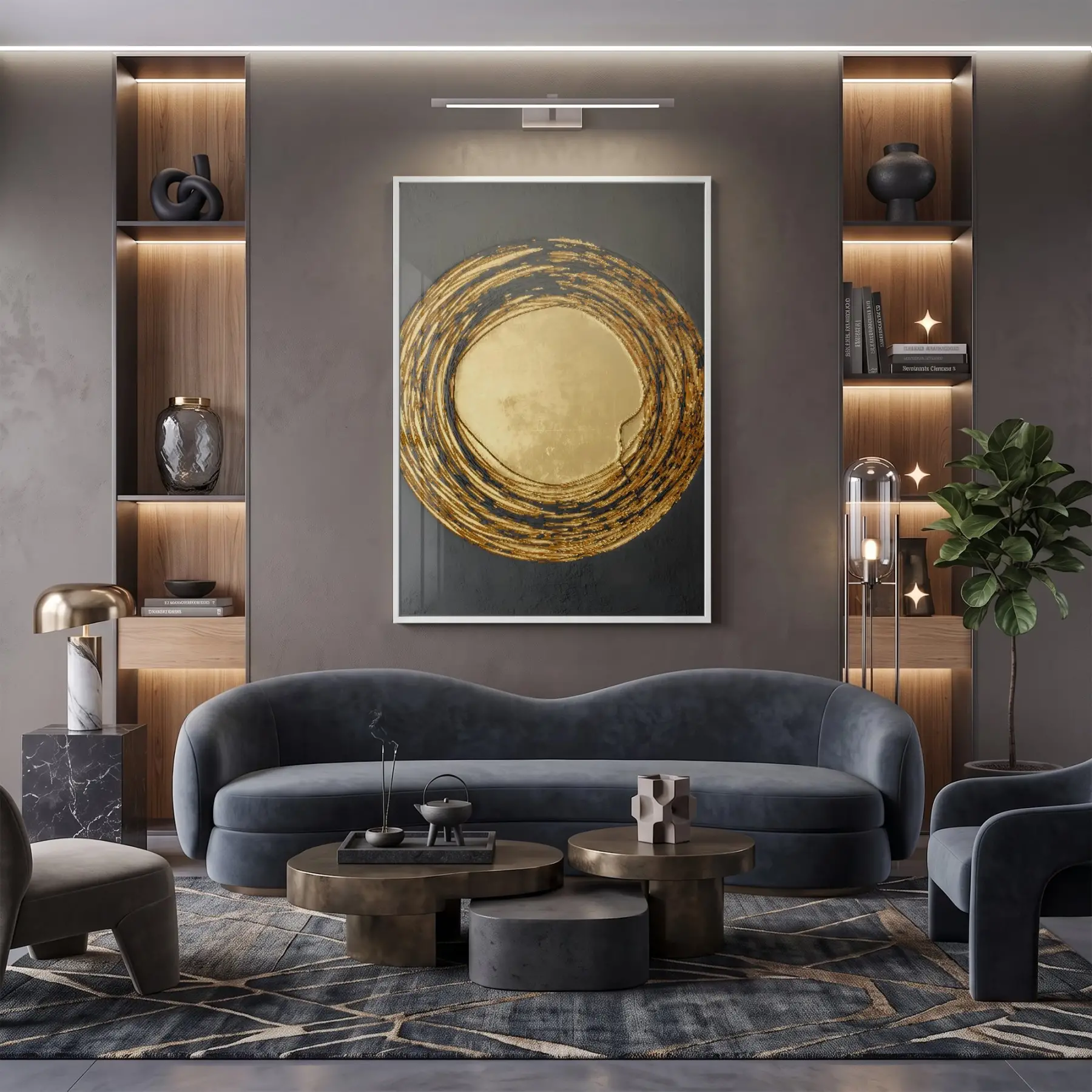 Altın Spiral Siyah Tonları Tekli Beyaz Metal Çerçeveli Cam Tablo Duvar Salon Aksesuarları