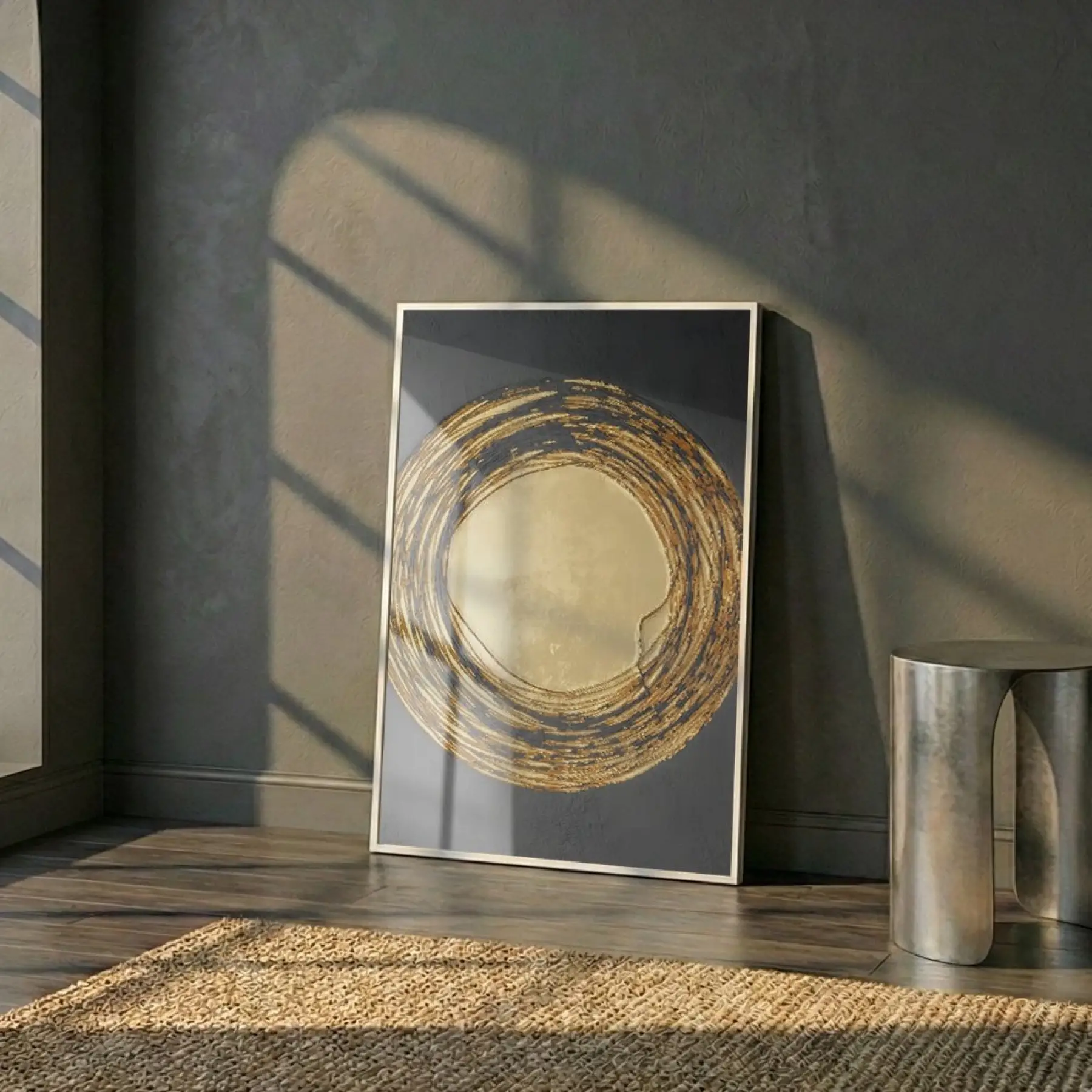 Altın Spiral Siyah Tonları Tekli Beyaz Metal Çerçeveli Cam Tablo Duvar Salon Aksesuarları