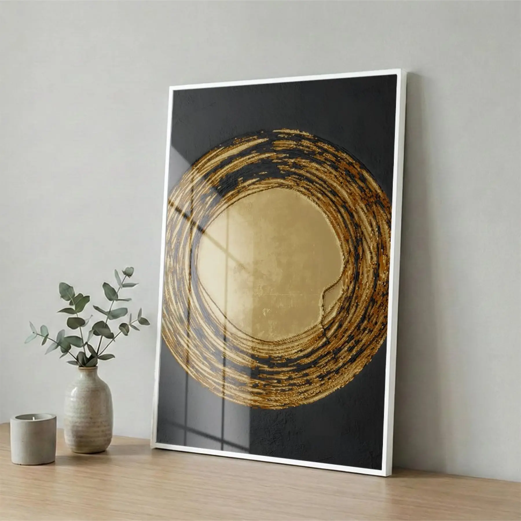 Altın Spiral Siyah Tonları Tekli Beyaz Metal Çerçeveli Cam Tablo Duvar Salon Aksesuarları