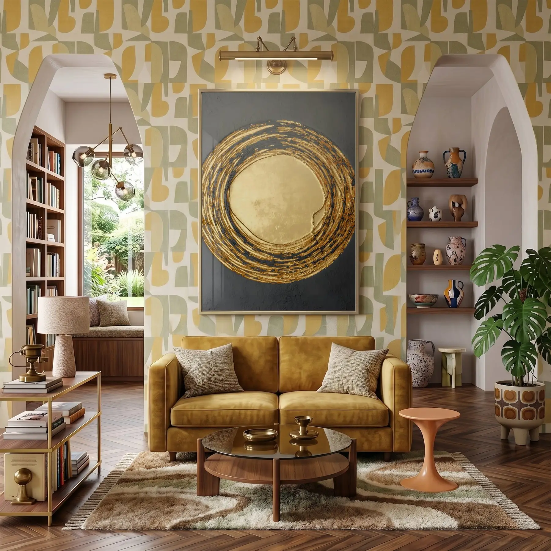 Altın Spiral Siyah Tonları Tekli Gold Metal Çerçeveli Cam Tablo Yatak Odası Koridor