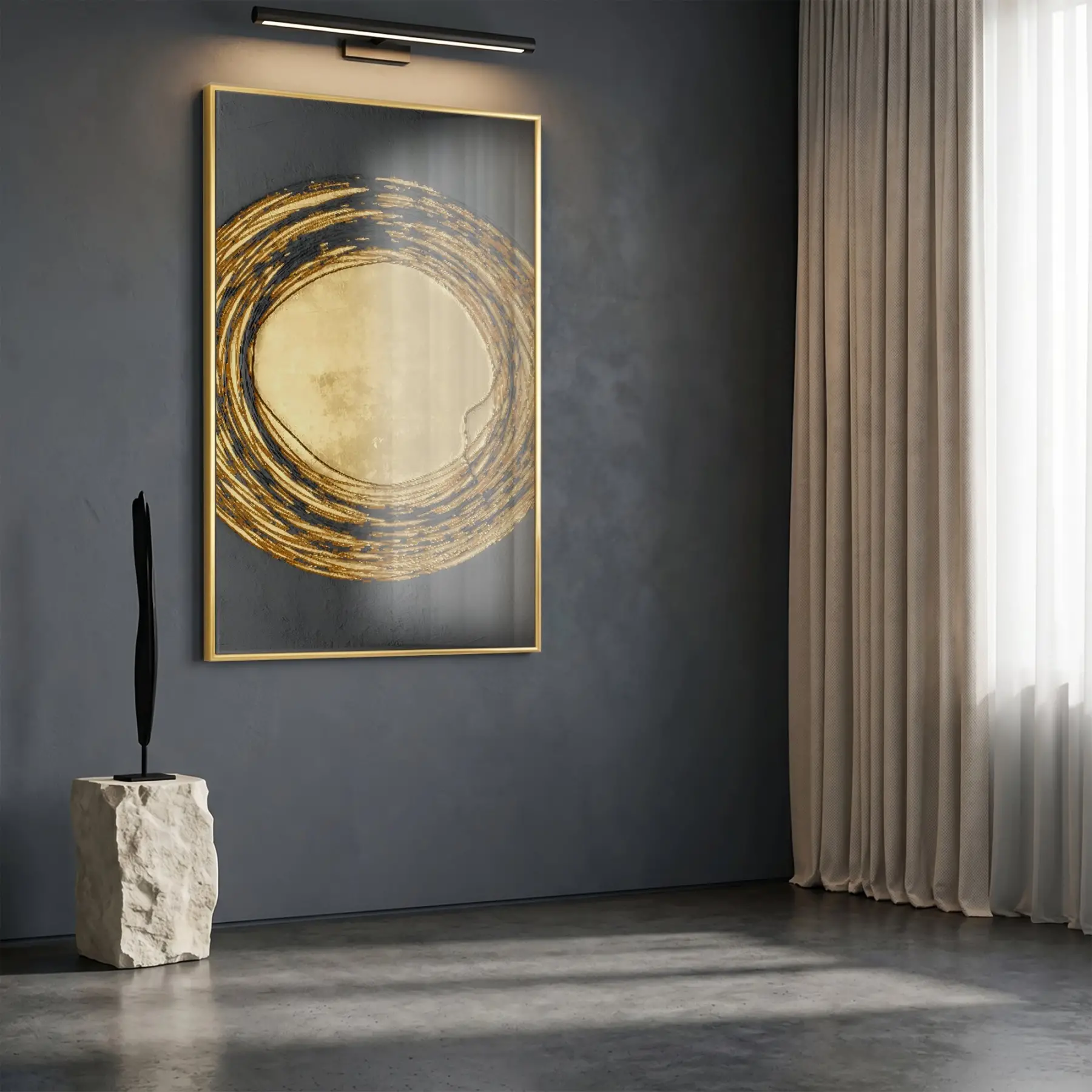 Altın Spiral Siyah Tonları Tekli Gold Metal Çerçeveli Cam Tablo Yatak Odası Koridor