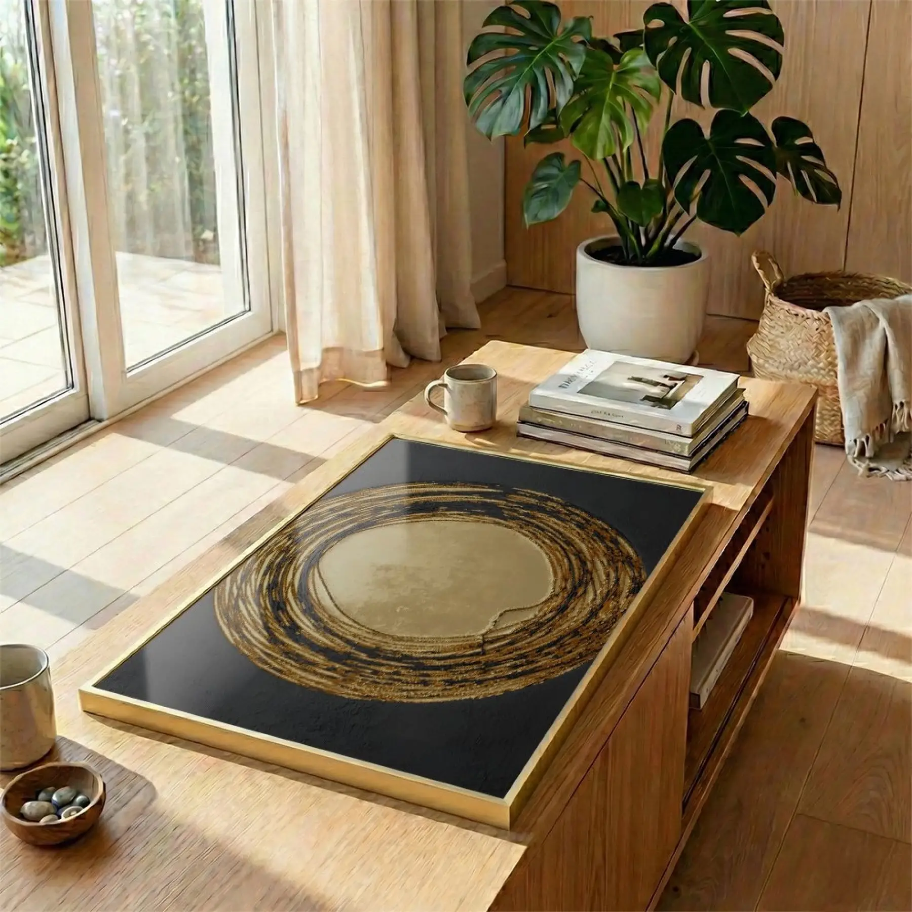 Altın Spiral Siyah Tonları Tekli Gold Metal Çerçeveli Cam Tablo Yatak Odası Koridor