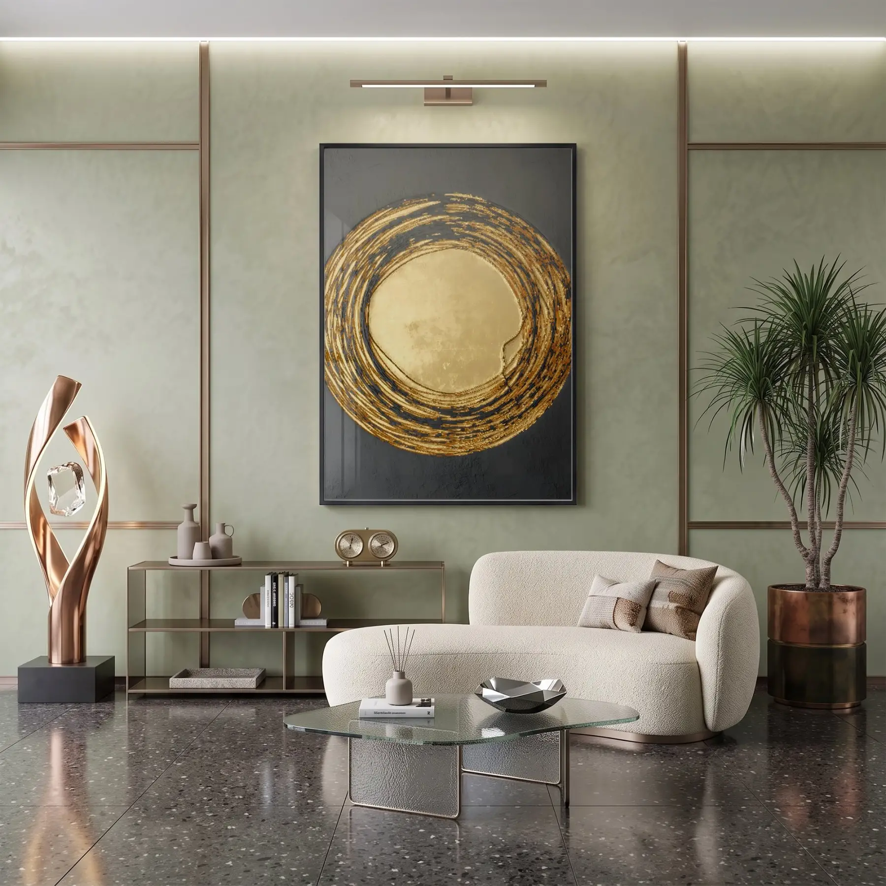 Altın Spiral Siyah Tonları Tekli Metal Çerçeveli Cam Tablo Ev Dekorasyonu Oda