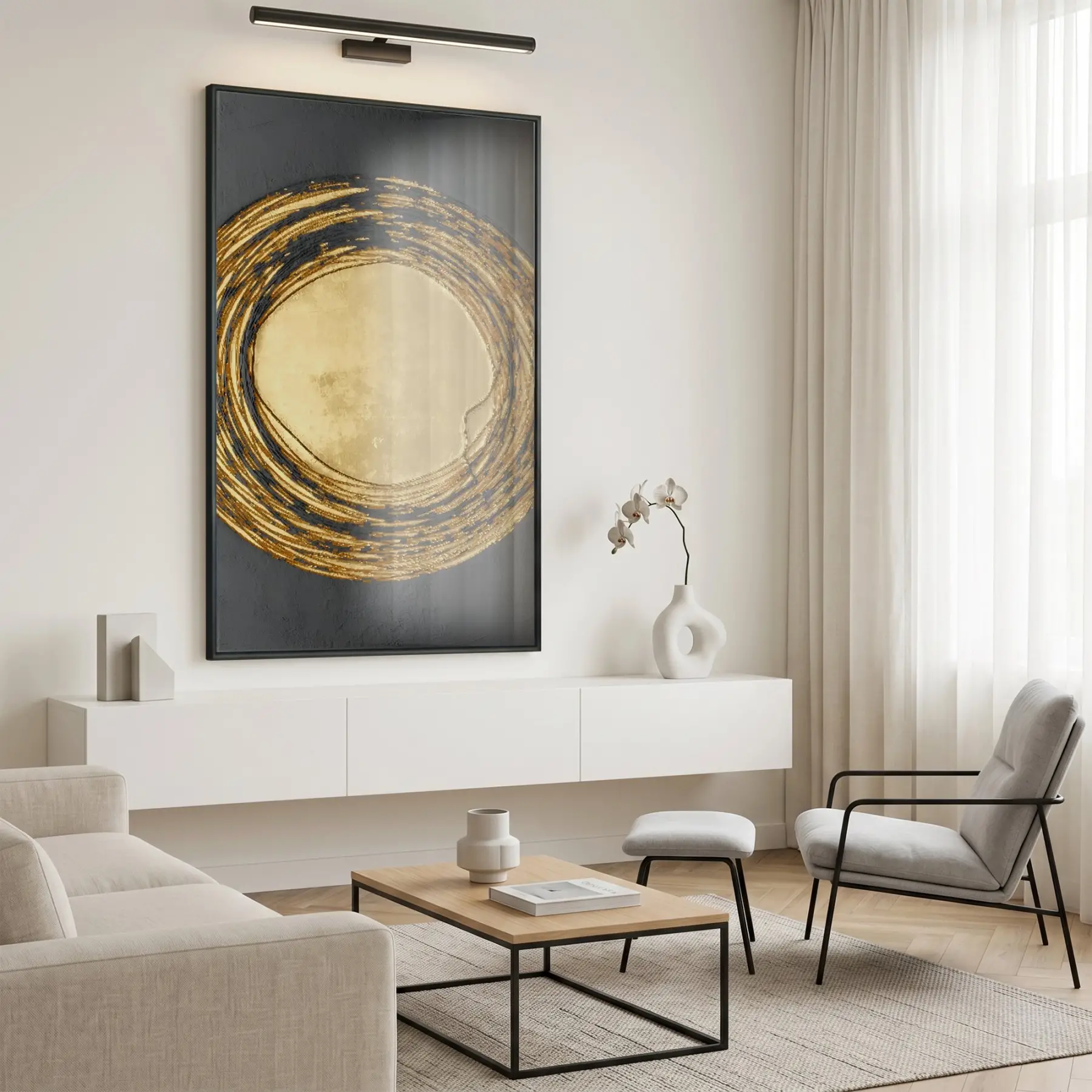 Altın Spiral Siyah Tonları Tekli Metal Çerçeveli Cam Tablo Ev Dekorasyonu Oda
