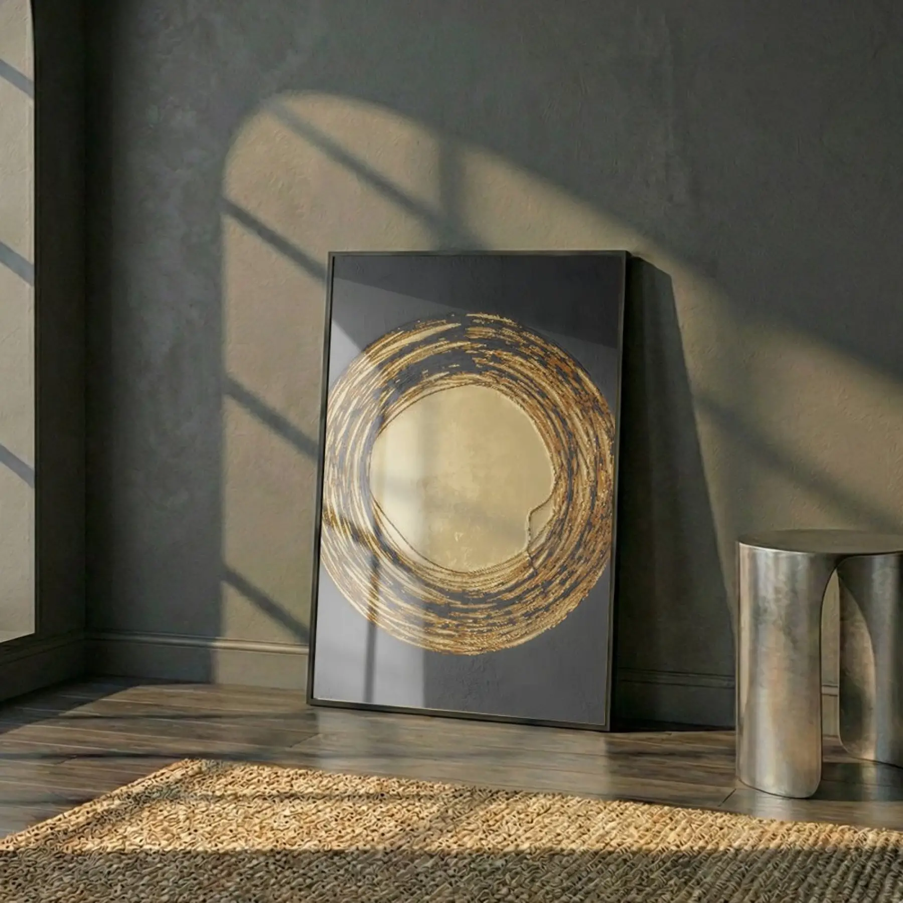 Altın Spiral Siyah Tonları Tekli Metal Çerçeveli Cam Tablo Ev Dekorasyonu Oda