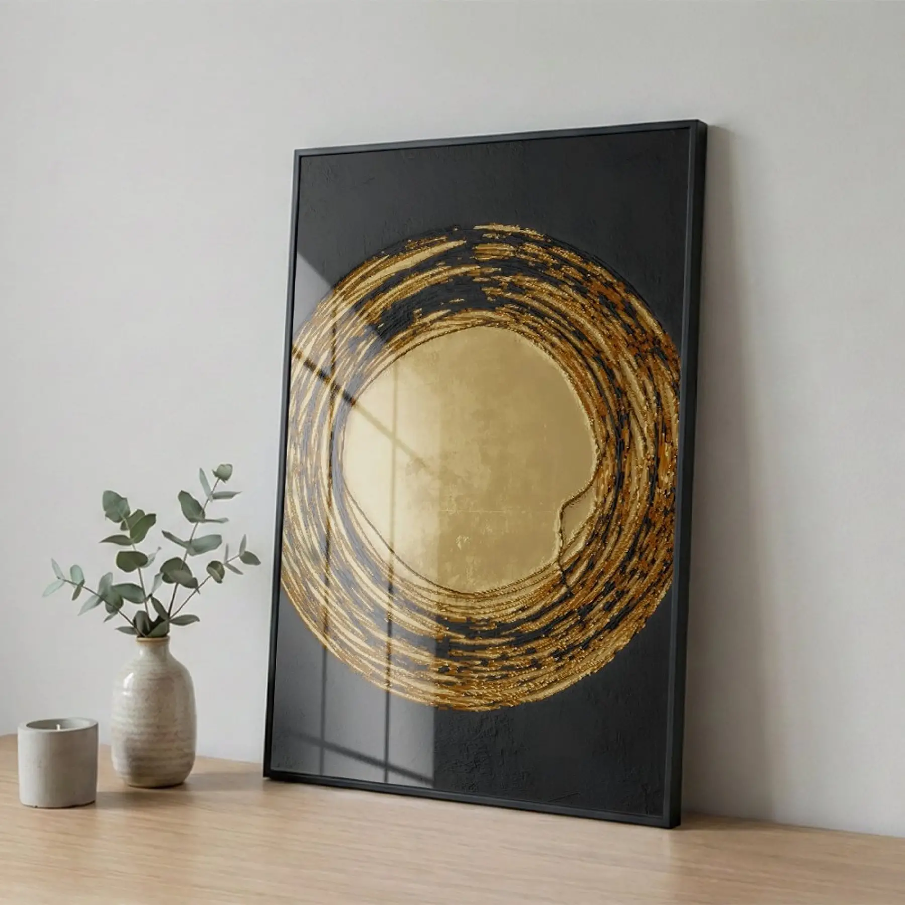 Altın Spiral Siyah Tonları Tekli Metal Çerçeveli Cam Tablo Ev Dekorasyonu Oda