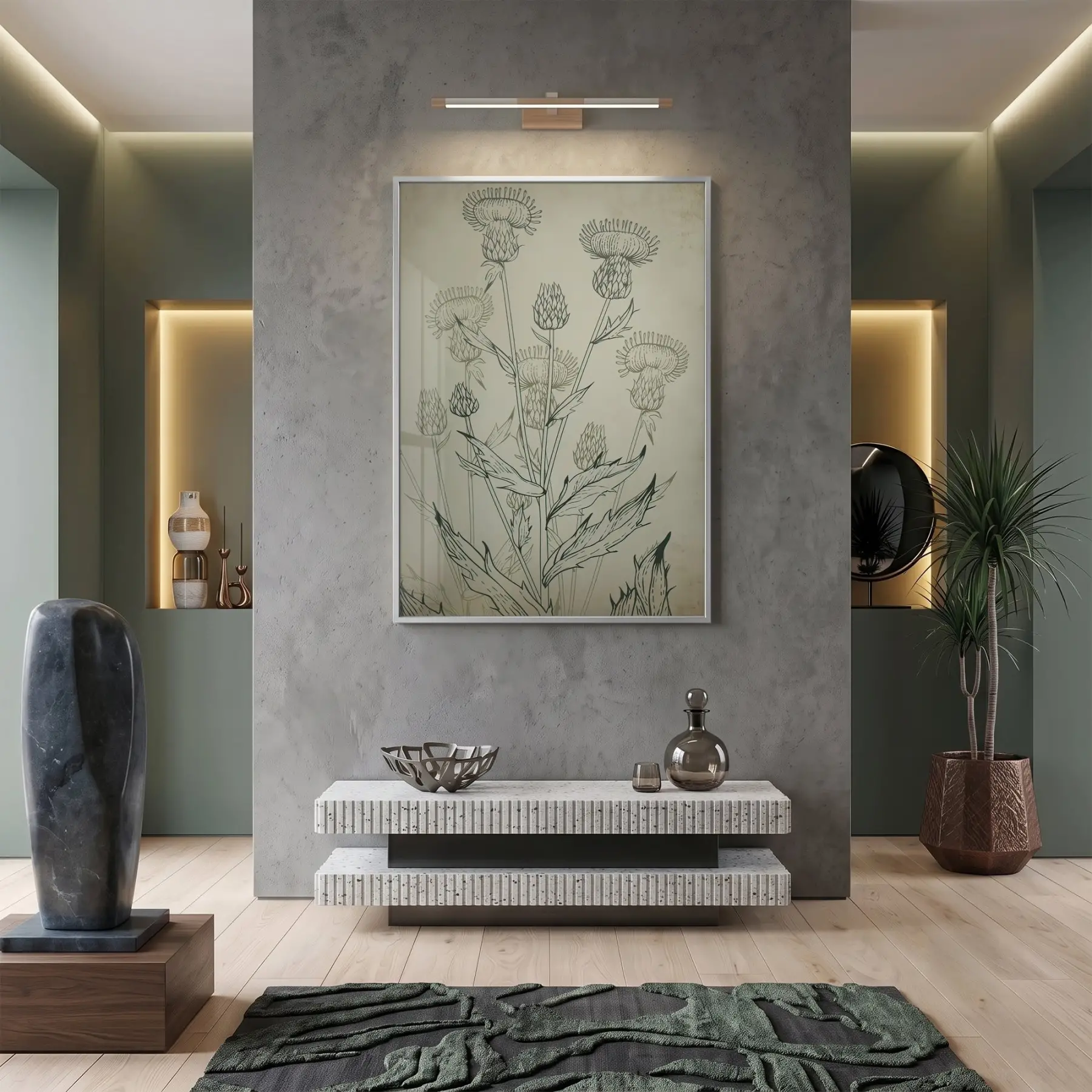 Deve Dikeni Eskitme Bej Tekli Gümüş Metal Çerçeveli Cam Tablo Salon Oturma Odası