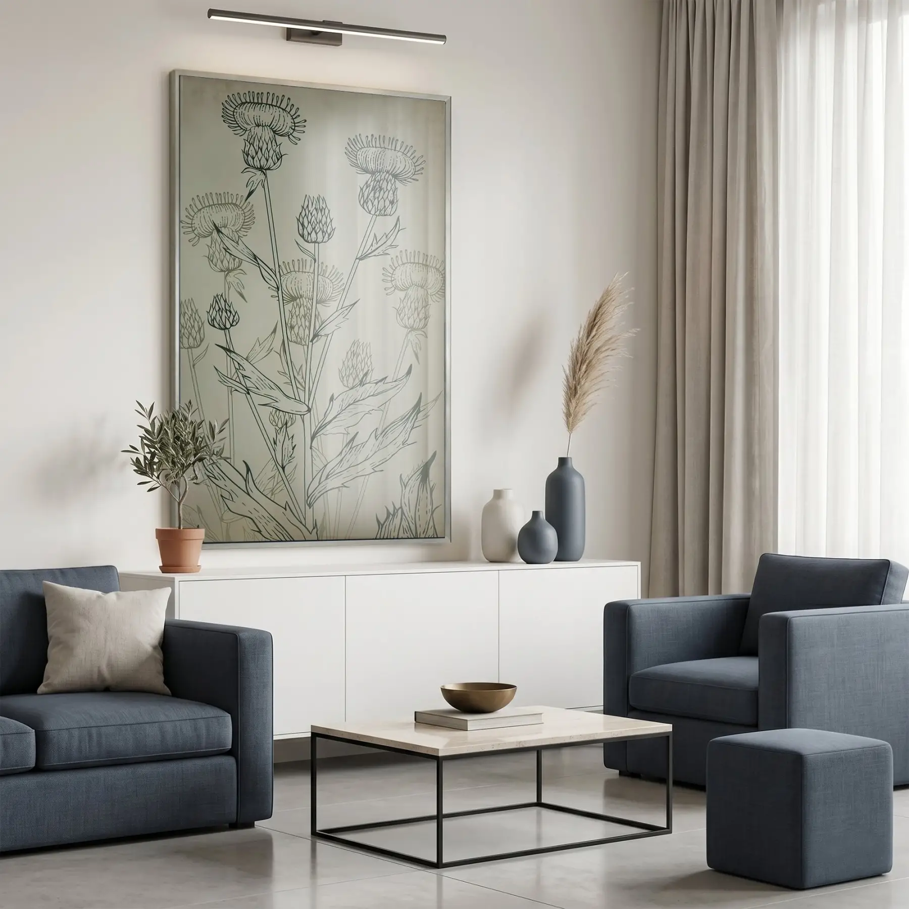 Deve Dikeni Eskitme Bej Tekli Gümüş Metal Çerçeveli Cam Tablo Salon Oturma Odası