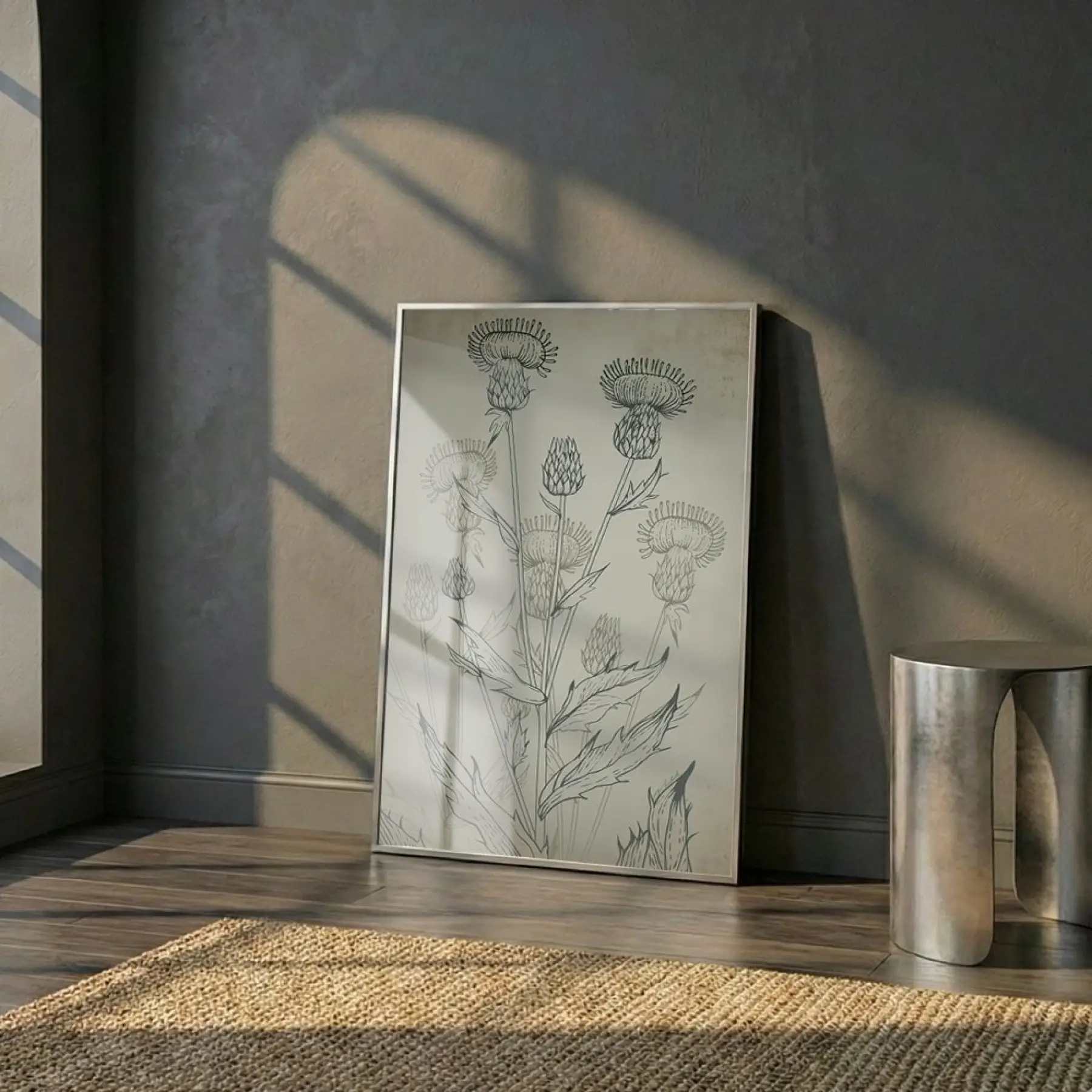 Deve Dikeni Eskitme Bej Tekli Gümüş Metal Çerçeveli Cam Tablo Salon Oturma Odası