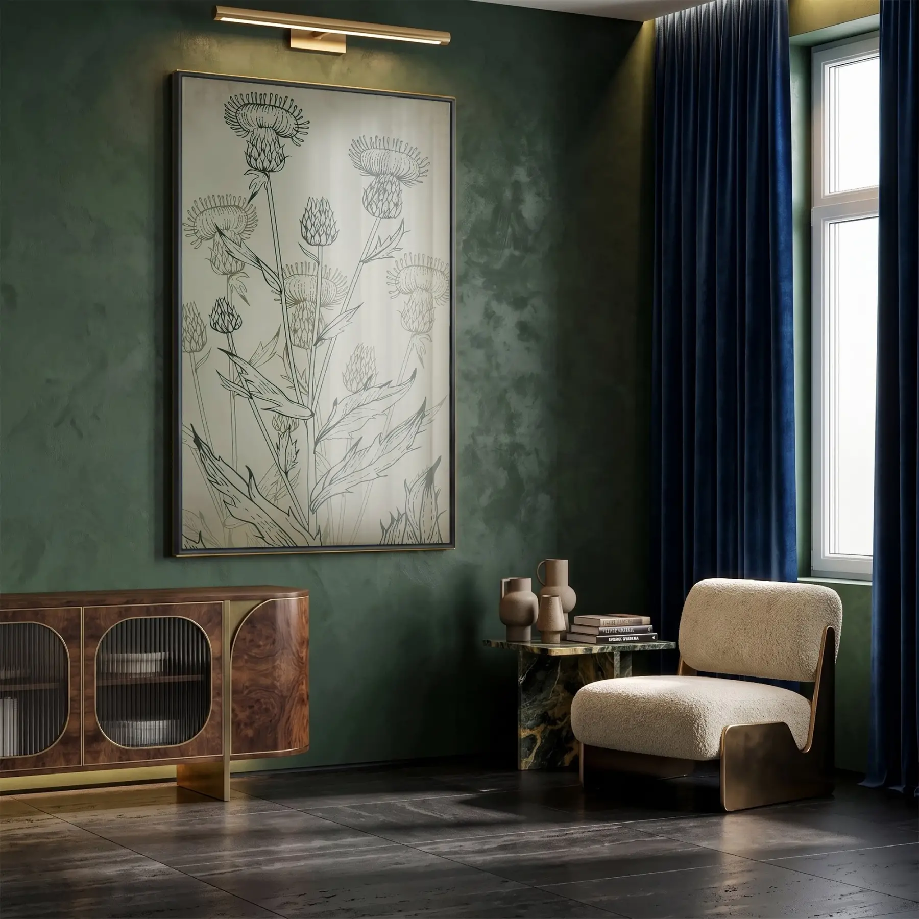 Deve Dikeni Eskitme Bej Tekli Siyah Metal Çerçeveli Cam Tablo Salon Oturma Odası