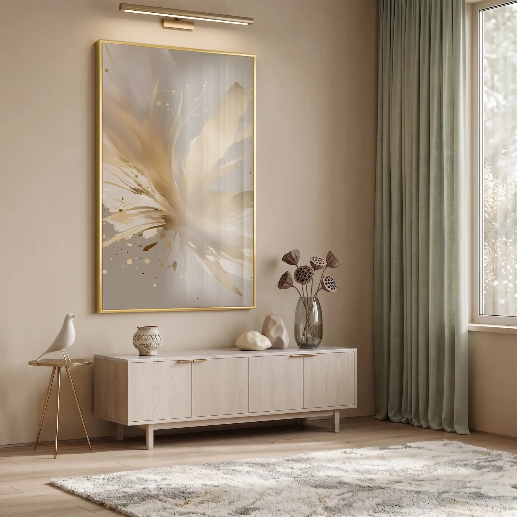 Soyut Patlama Sıcak Altın Bej Tekli Gold Metal Çerçeveli Cam Tablo Duvar Salon