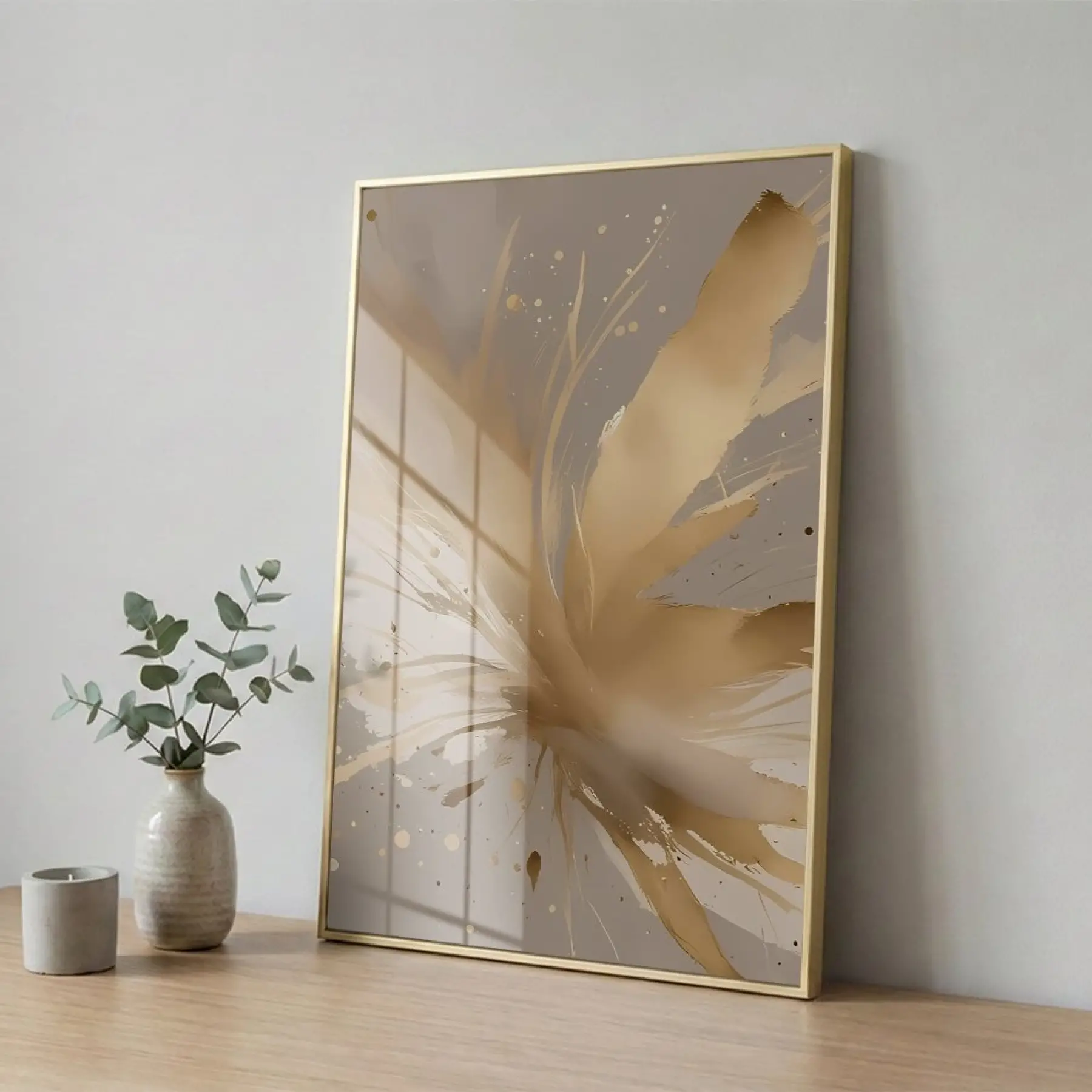 Soyut Patlama Sıcak Altın Bej Tekli Gold Metal Çerçeveli Cam Tablo Duvar Salon