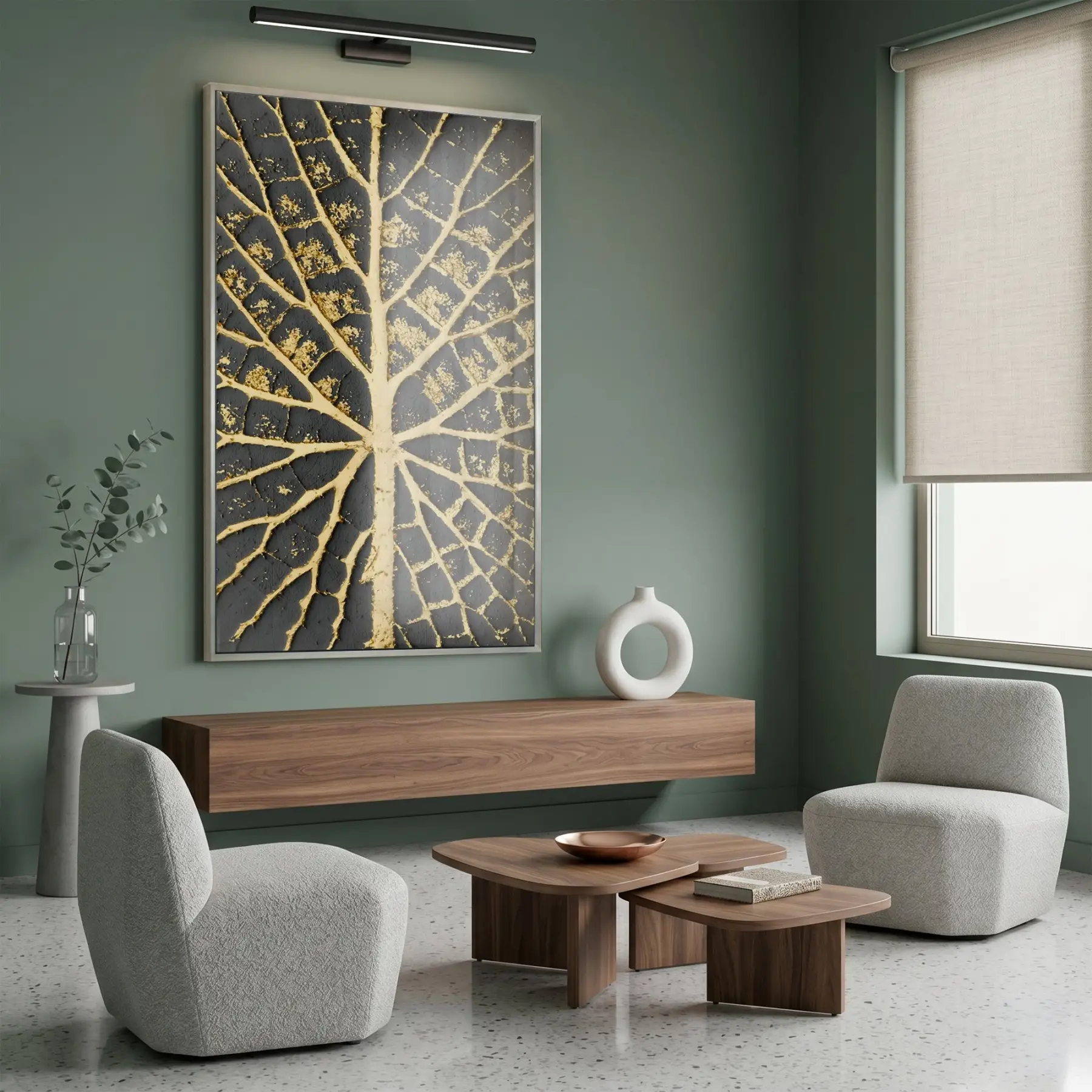 Yaprak Damarı Altın Siyah Tonları Tekli Gümüş Metal Çerçeveli Cam Tablo Duvar Salon