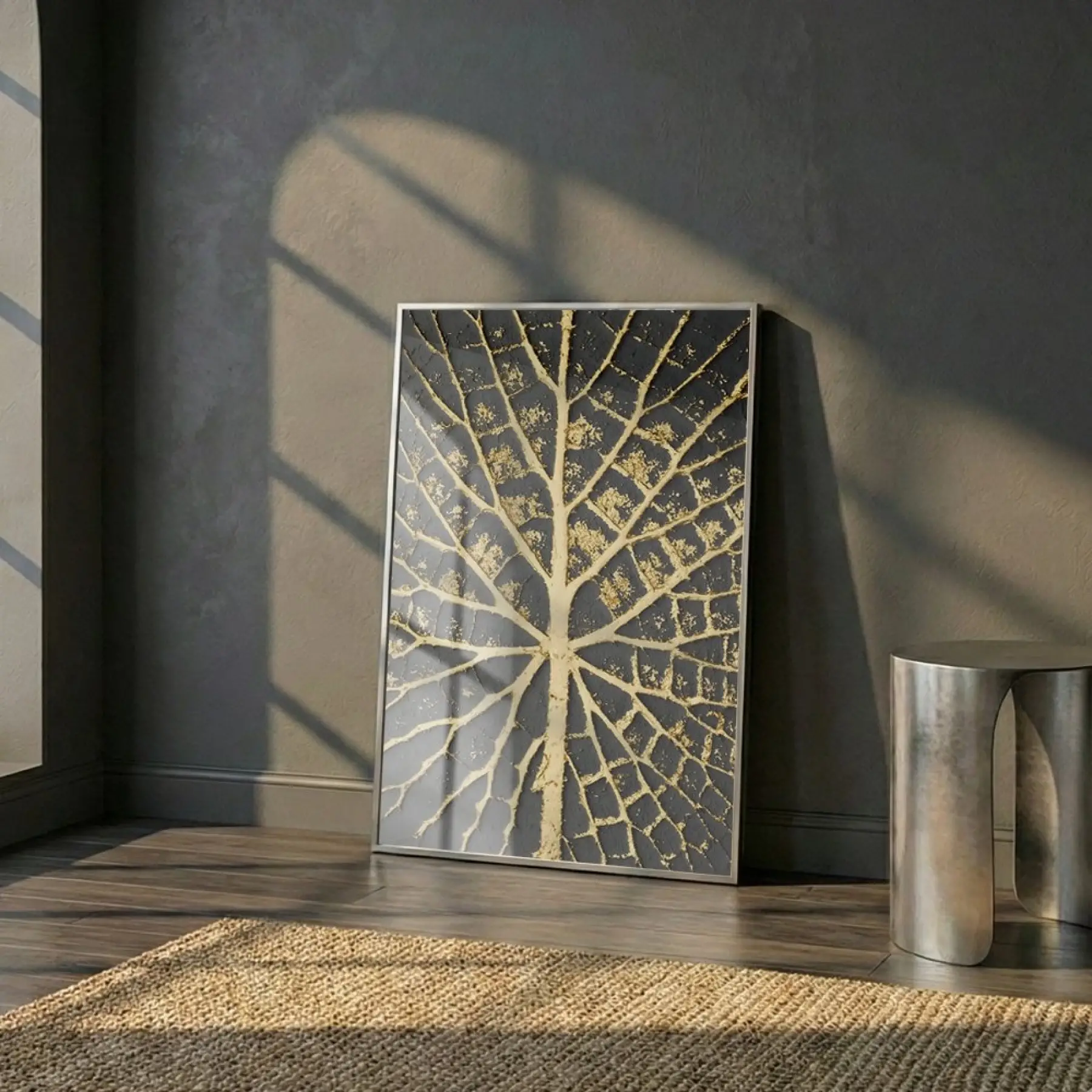 Yaprak Damarı Altın Siyah Tonları Tekli Gümüş Metal Çerçeveli Cam Tablo Duvar Salon