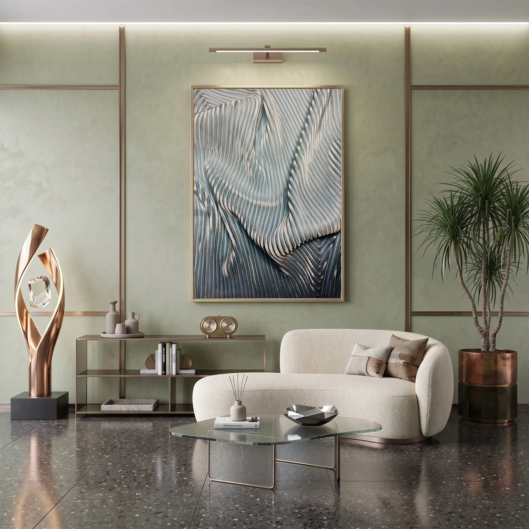 Soyut Dokular Buz Mavisi Tonlar Tekli Gold Metal Çerçeveli Cam Tablo Poster Dekoratif
