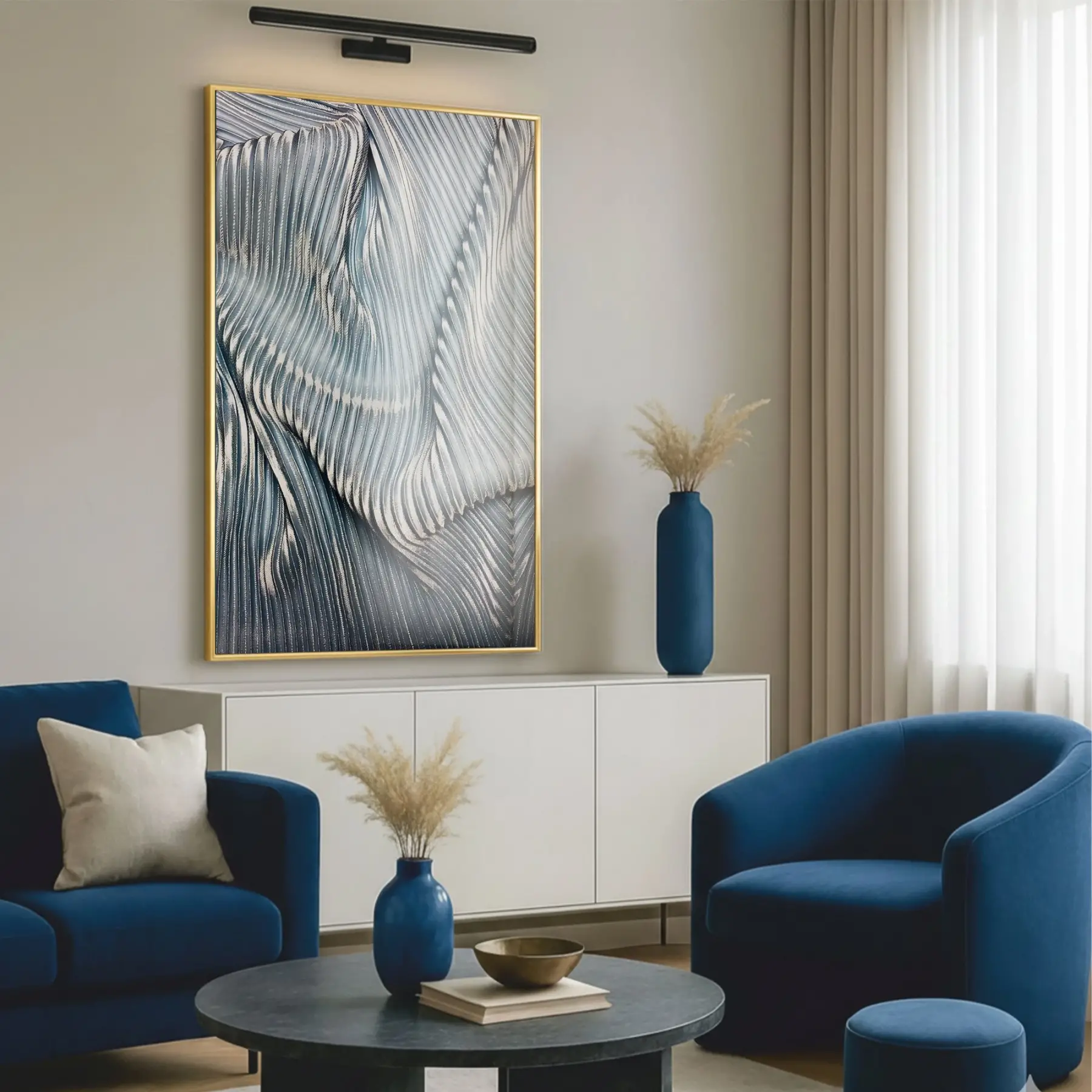 Soyut Dokular Buz Mavisi Tonlar Tekli Gold Metal Çerçeveli Cam Tablo Poster Dekoratif