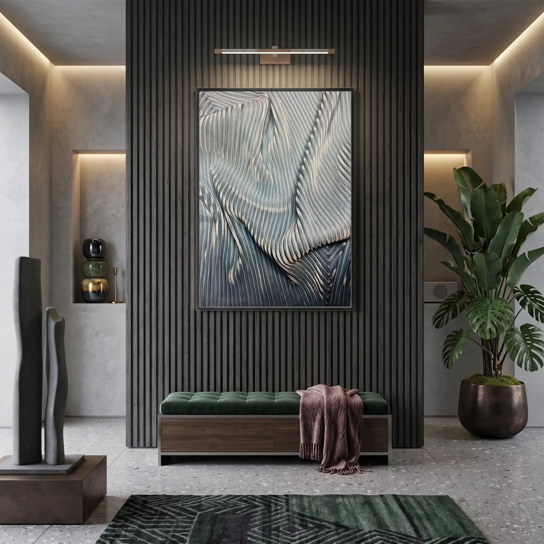 Soyut Dokular Buz Mavisi Tonlar Tekli Siyah Metal Çerçeveli Cam Tablo Poster Dekoratif