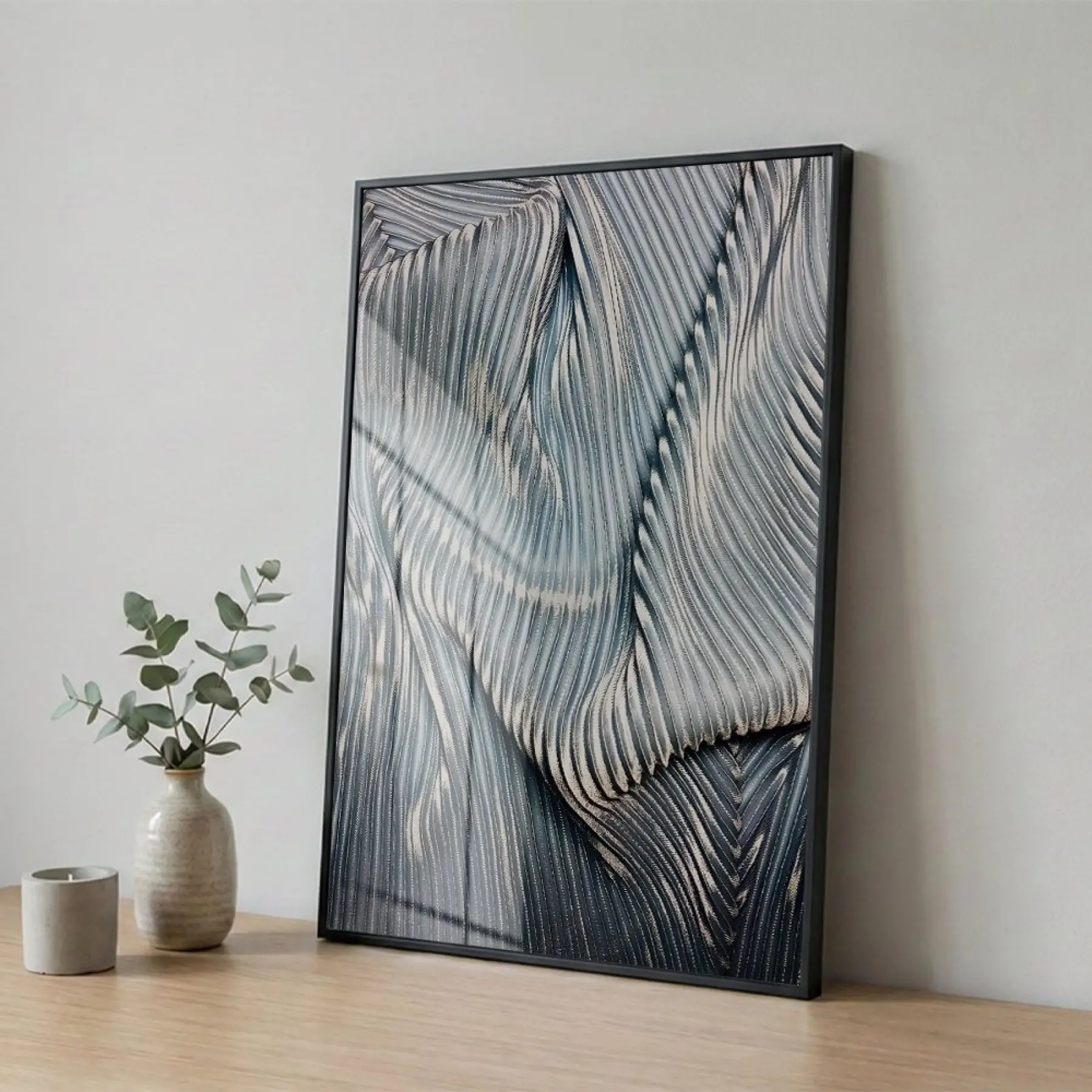 Soyut Dokular Buz Mavisi Tonlar Tekli Siyah Metal Çerçeveli Cam Tablo Poster Dekoratif