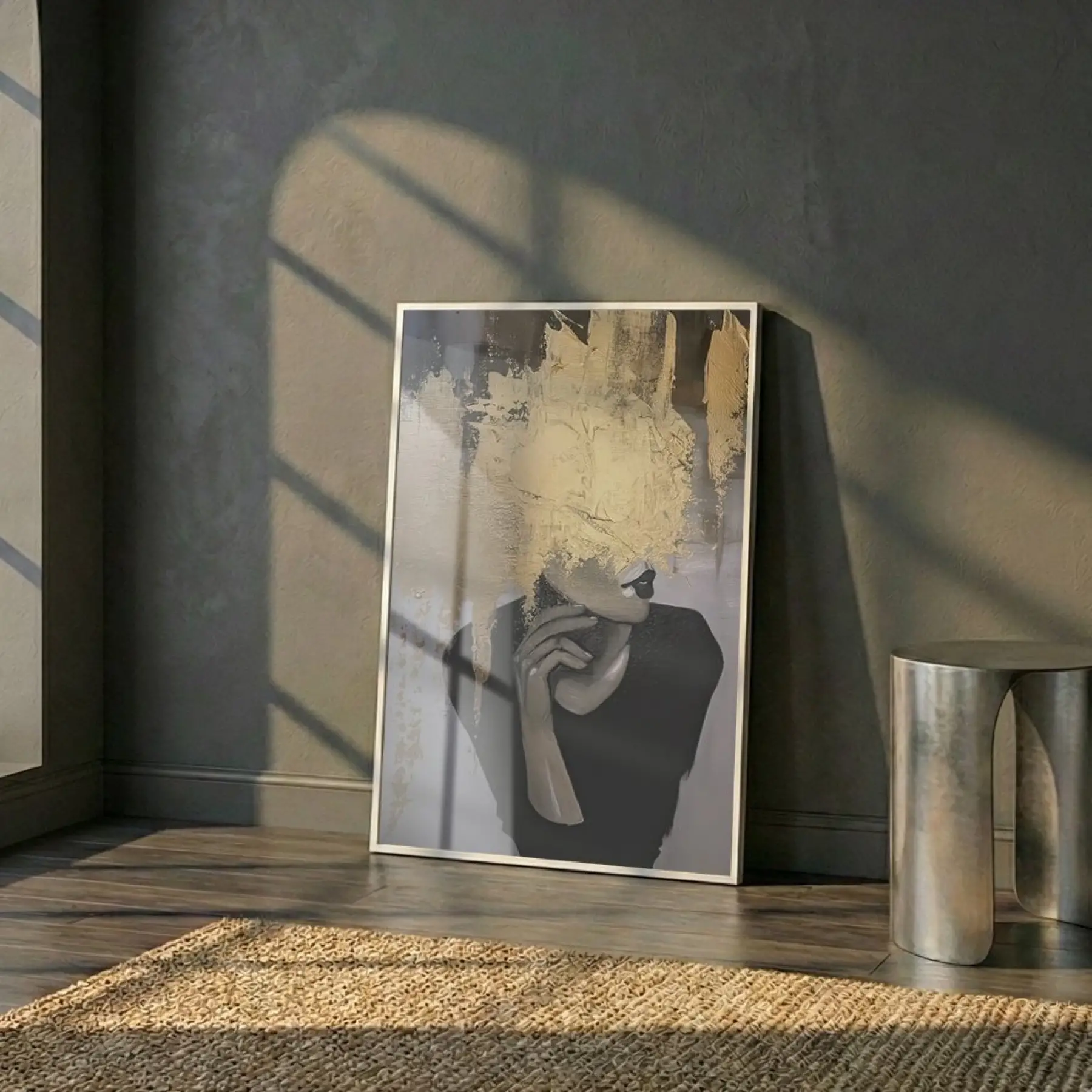 Kadın Portre Metalik Altın Siyah Tekli Beyaz Metal Çerçeveli Cam Tablo Poster Dekoratif