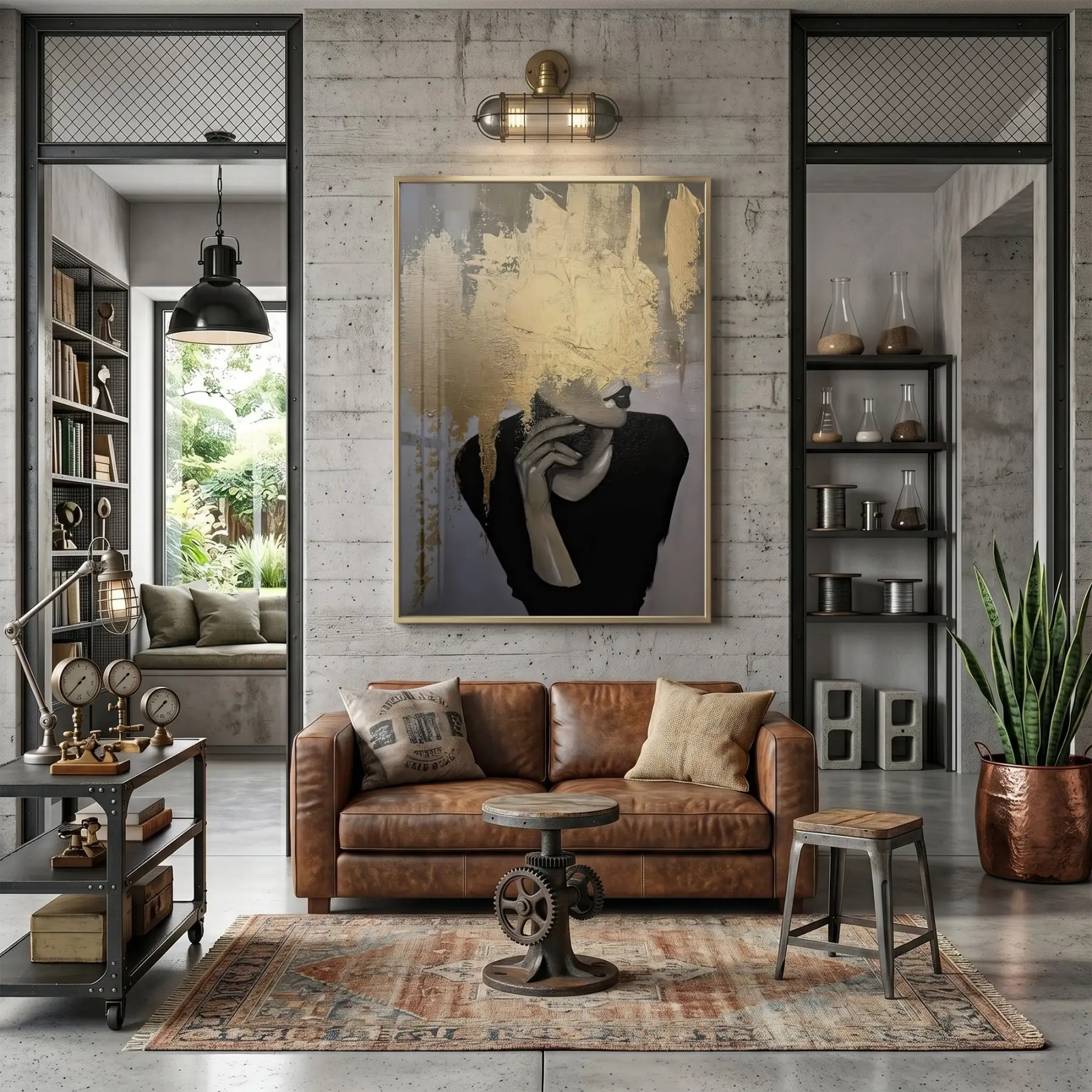 Kadın Portre Metalik Altın Siyah Tekli Gold Metal Çerçeveli Cam Tablo Salon Oturma