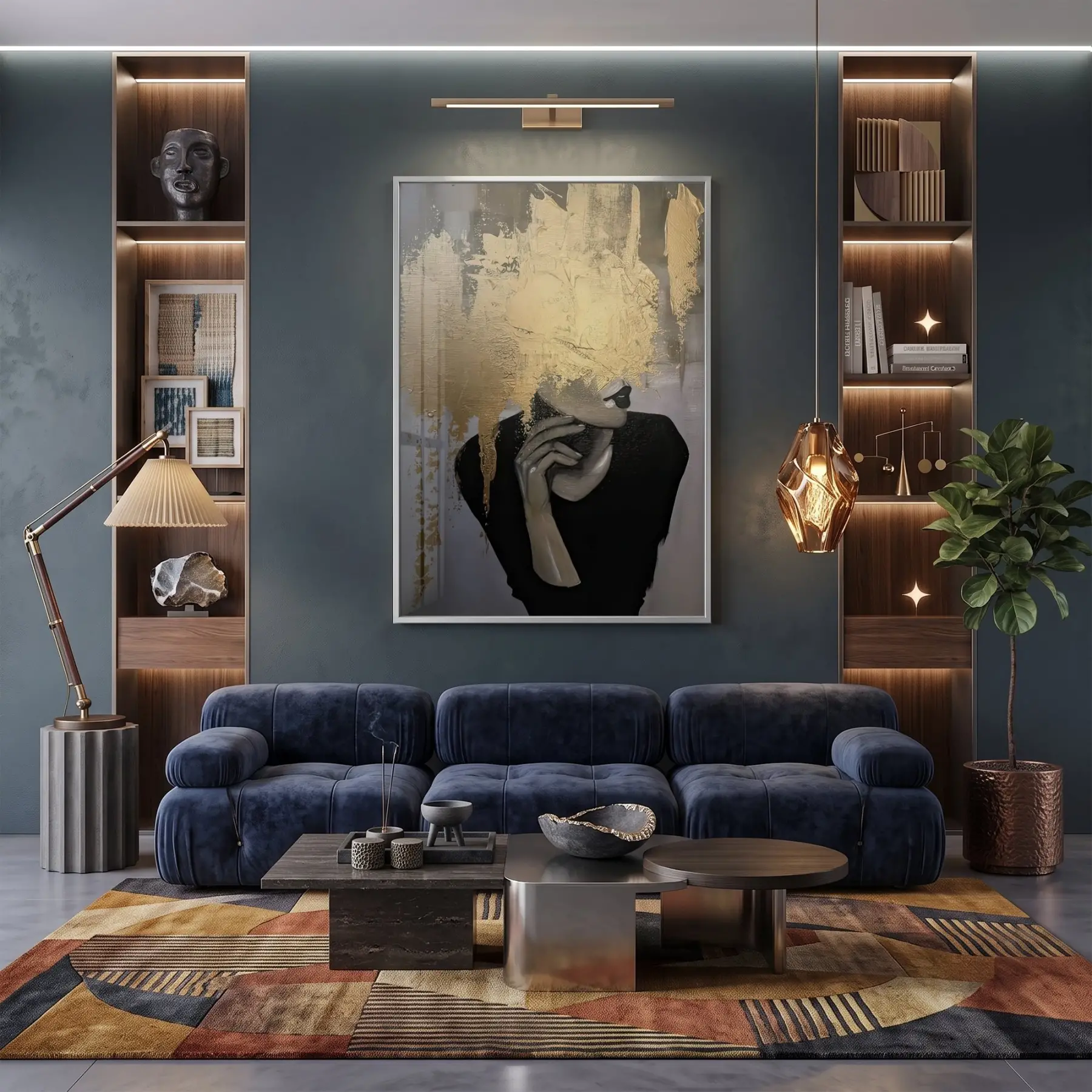 Kadın Portre Metalik Altın Siyah Tekli Gümüş Metal Çerçeveli Cam Tablo Poster Dekoratif