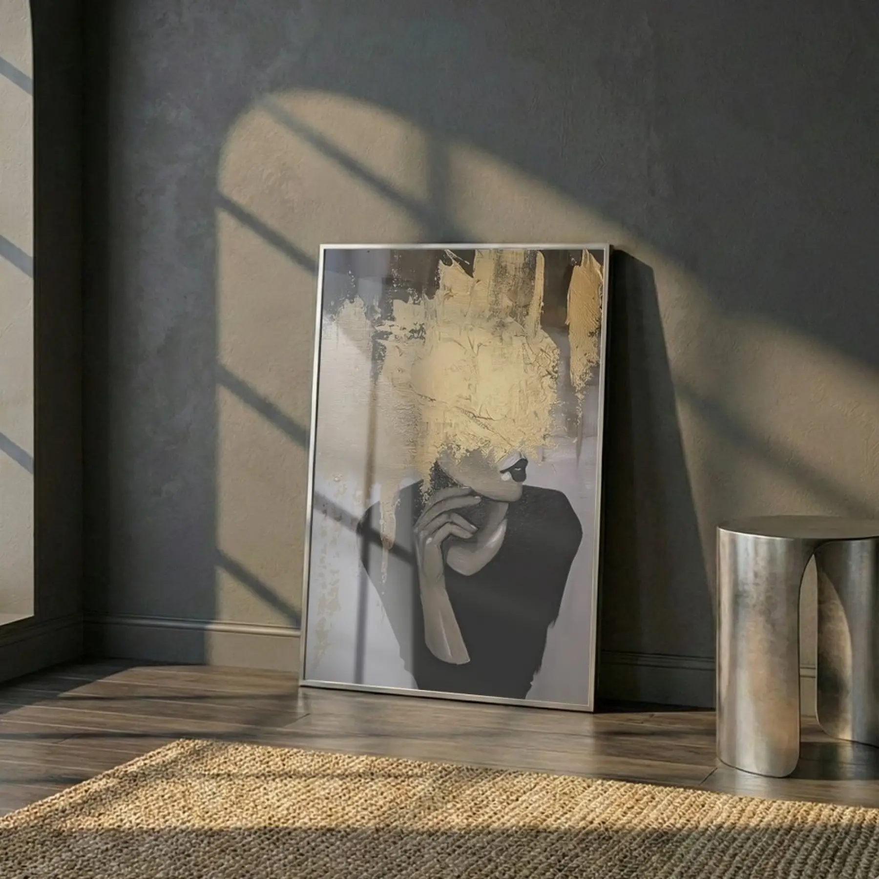 Kadın Portre Metalik Altın Siyah Tekli Gümüş Metal Çerçeveli Cam Tablo Poster Dekoratif