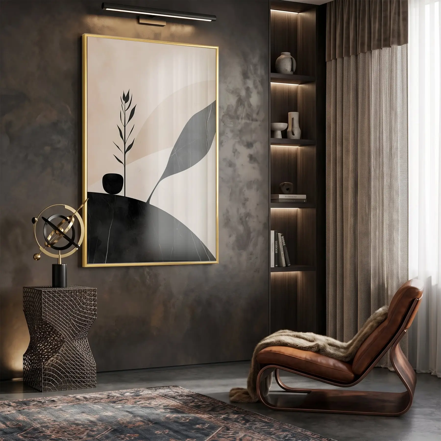 Soyut Botanik Nötr Toprak Tonları Tekli Gold Metal Çerçeveli Cam Tablo Duvar Salon