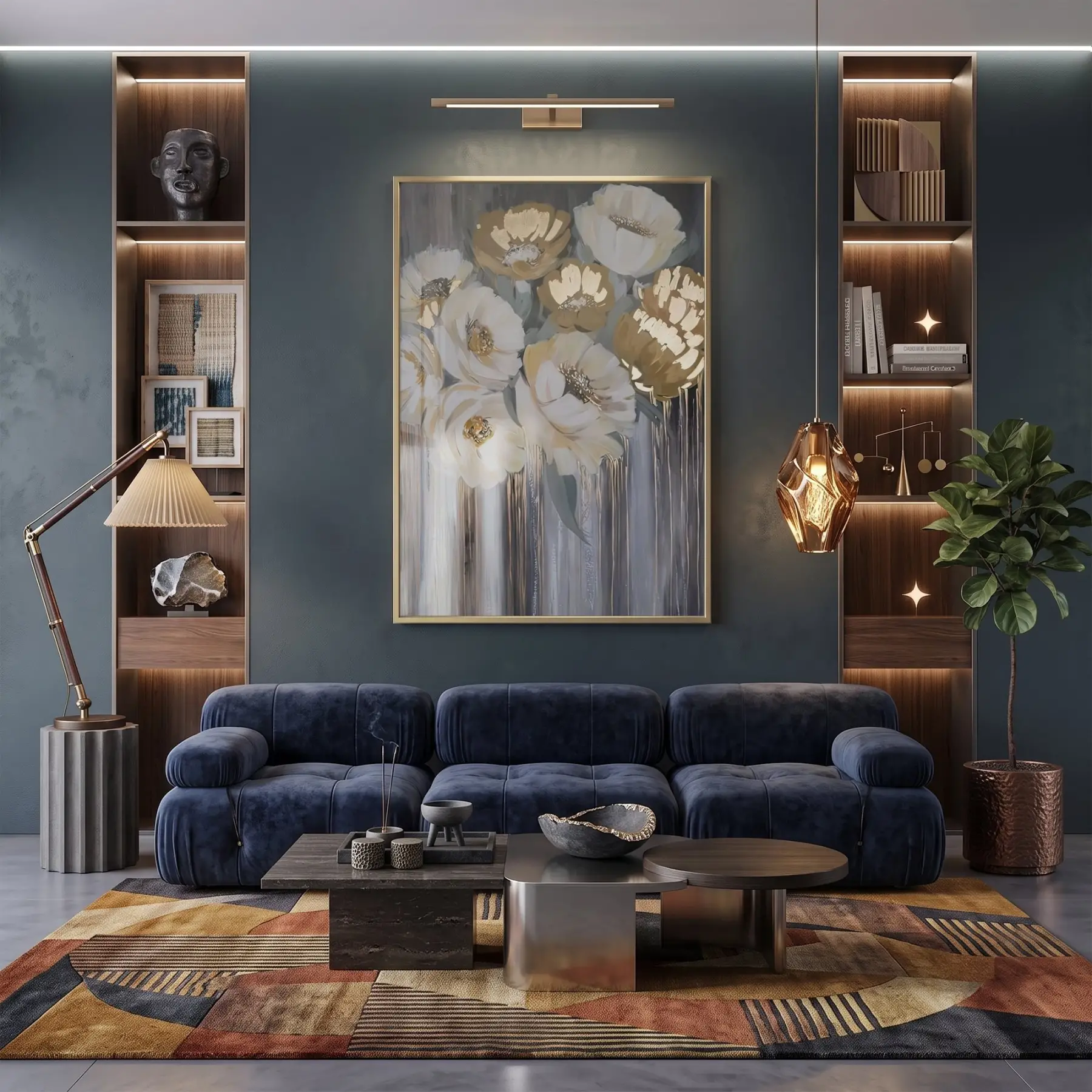 Soyut Çiçek Altın Bej Tonları Tekli Gold Metal Çerçeveli Cam Tablo Duvar Salon