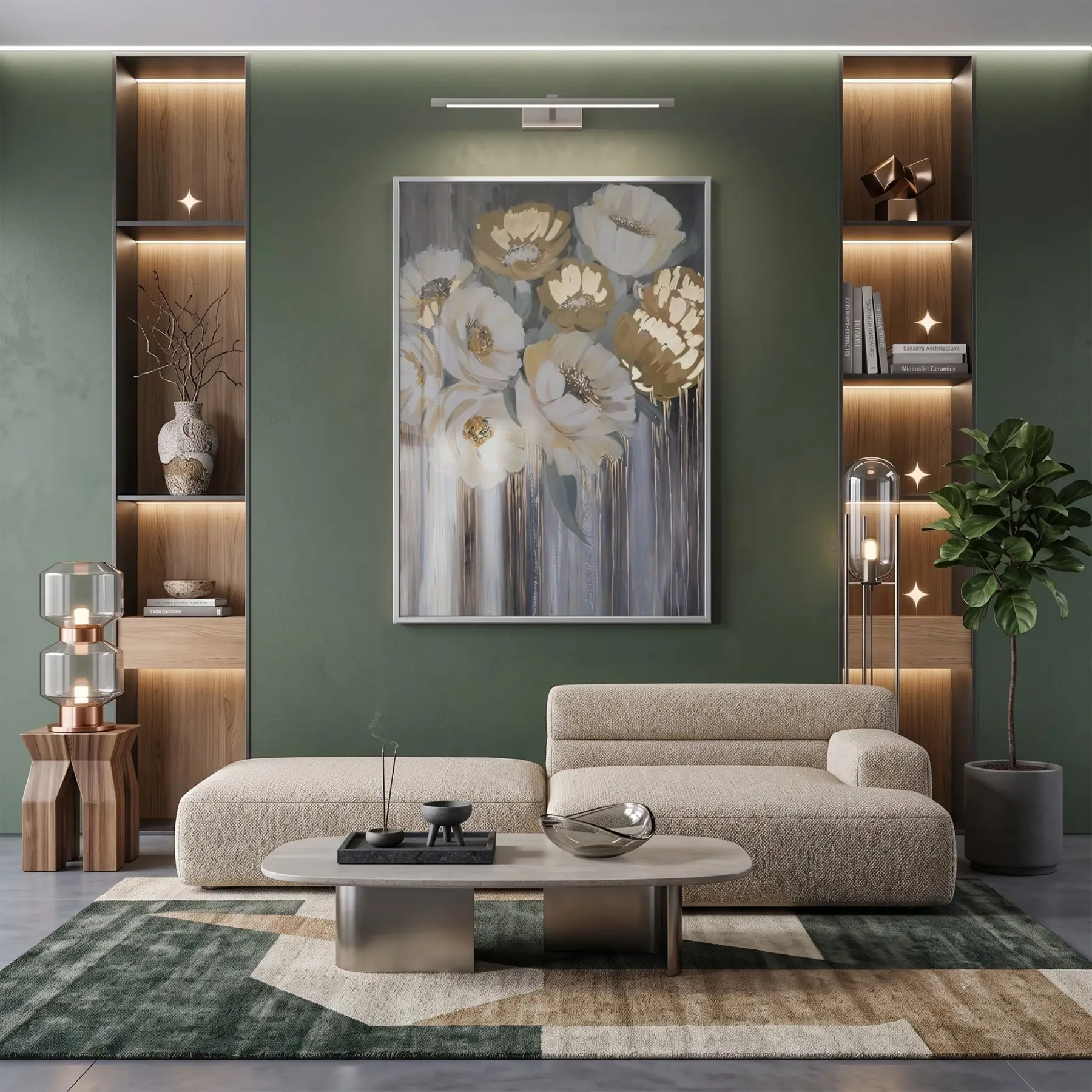 Soyut Çiçek Altın Bej Tonları Tekli Gümüş Metal Çerçeveli Cam Tablo Salon Oturma