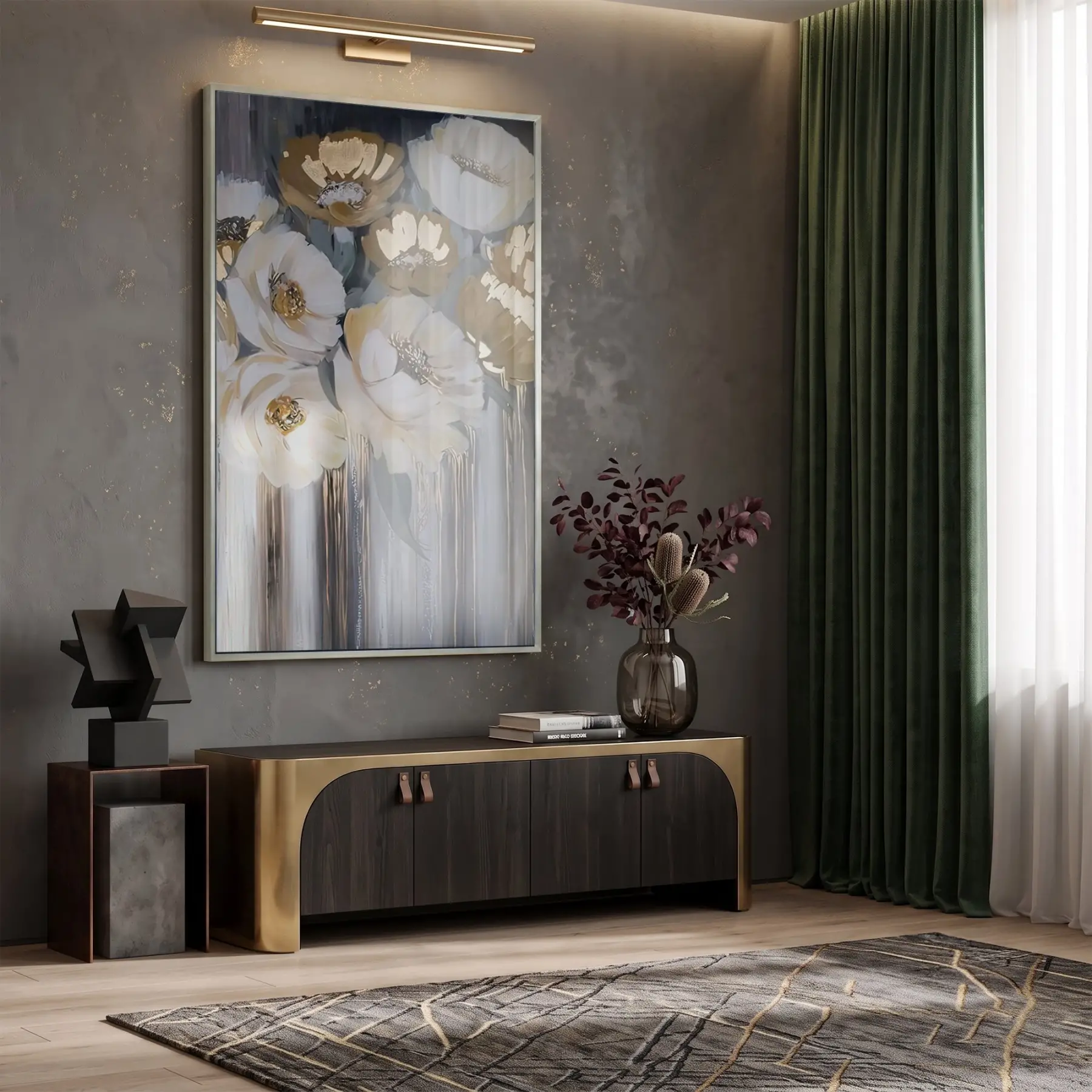 Soyut Çiçek Altın Bej Tonları Tekli Gümüş Metal Çerçeveli Cam Tablo Salon Oturma