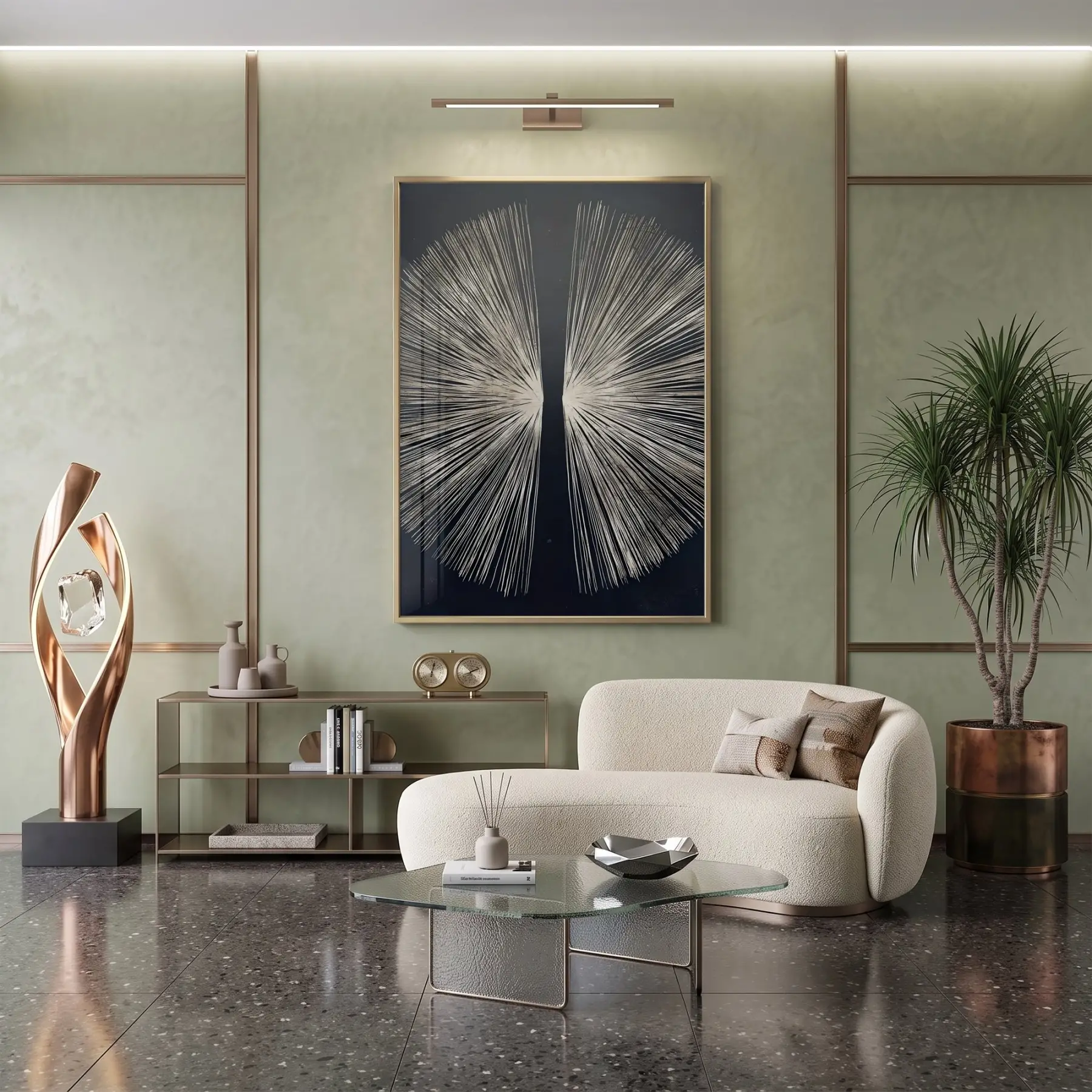 Soyut Radial Koyu Kontrast Tonlar Tekli Gold Metal Çerçeveli Cam Tablo Poster Dekoratif
