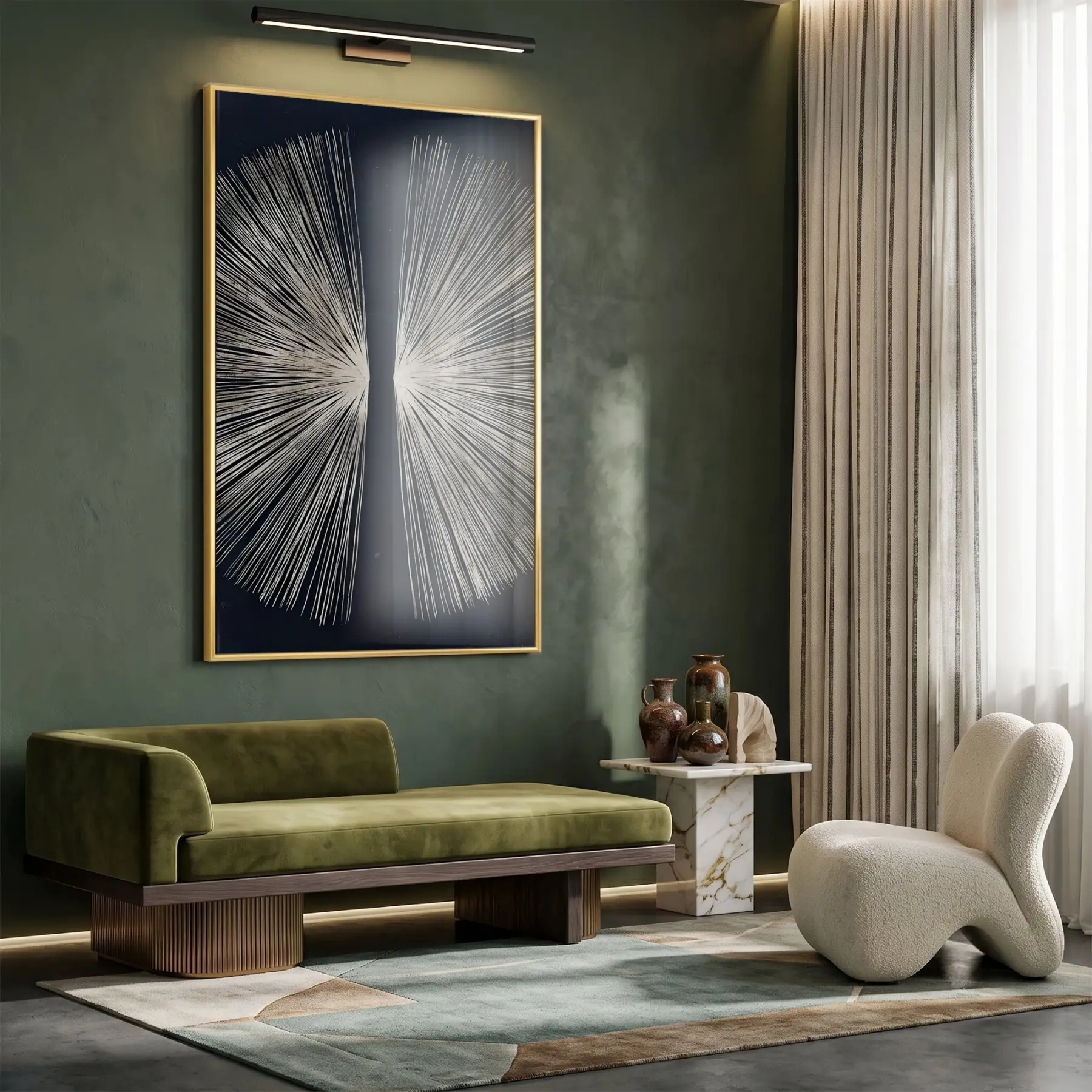 Soyut Radial Koyu Kontrast Tonlar Tekli Gold Metal Çerçeveli Cam Tablo Poster Dekoratif