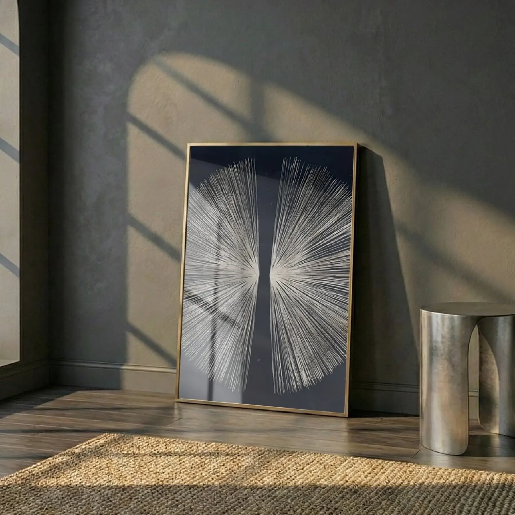 Soyut Radial Koyu Kontrast Tonlar Tekli Gold Metal Çerçeveli Cam Tablo Poster Dekoratif