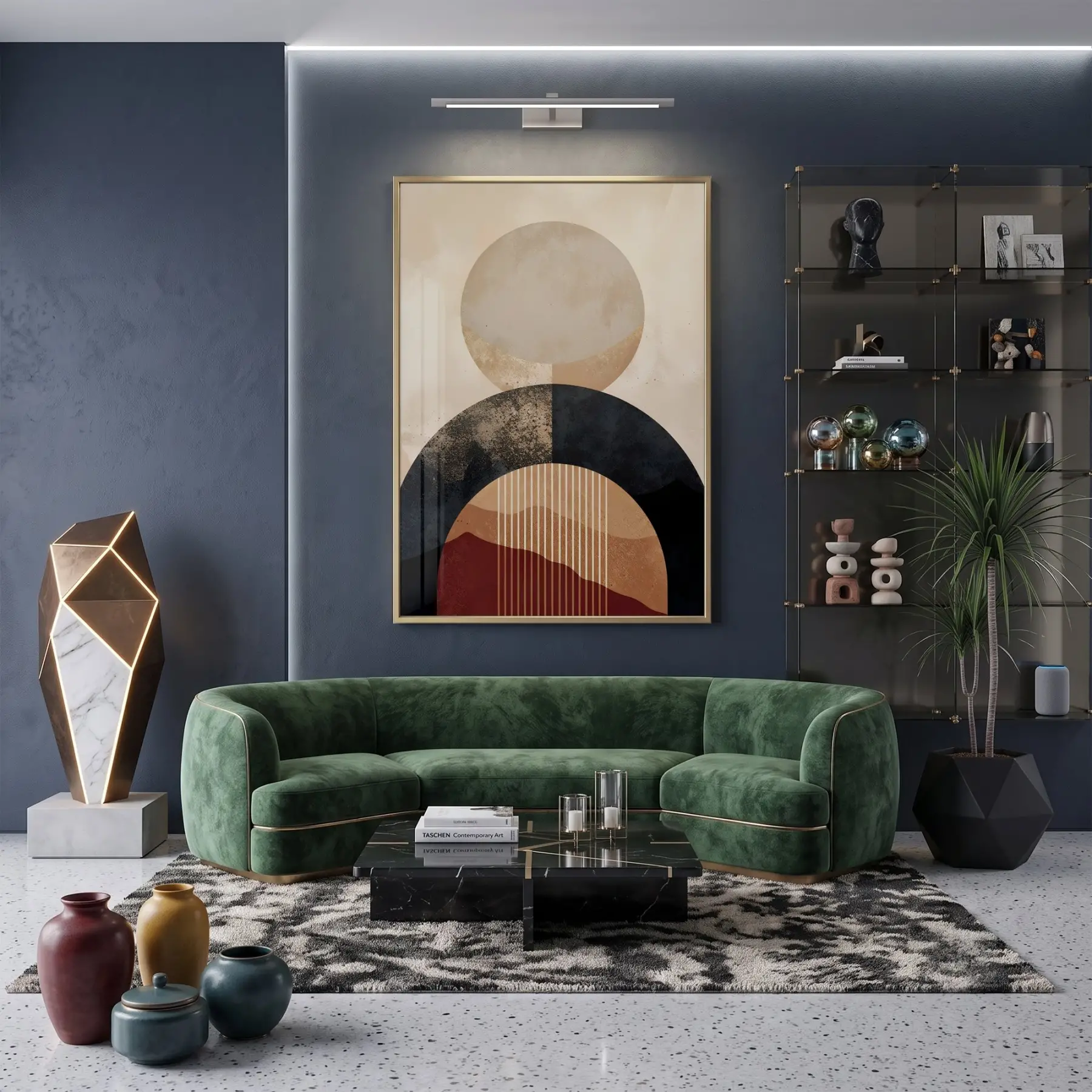 Geometrik Soyutlama Toprak Tonları Ve Tekli Gold Metal Çerçeveli Cam Tablo Duvar Salon