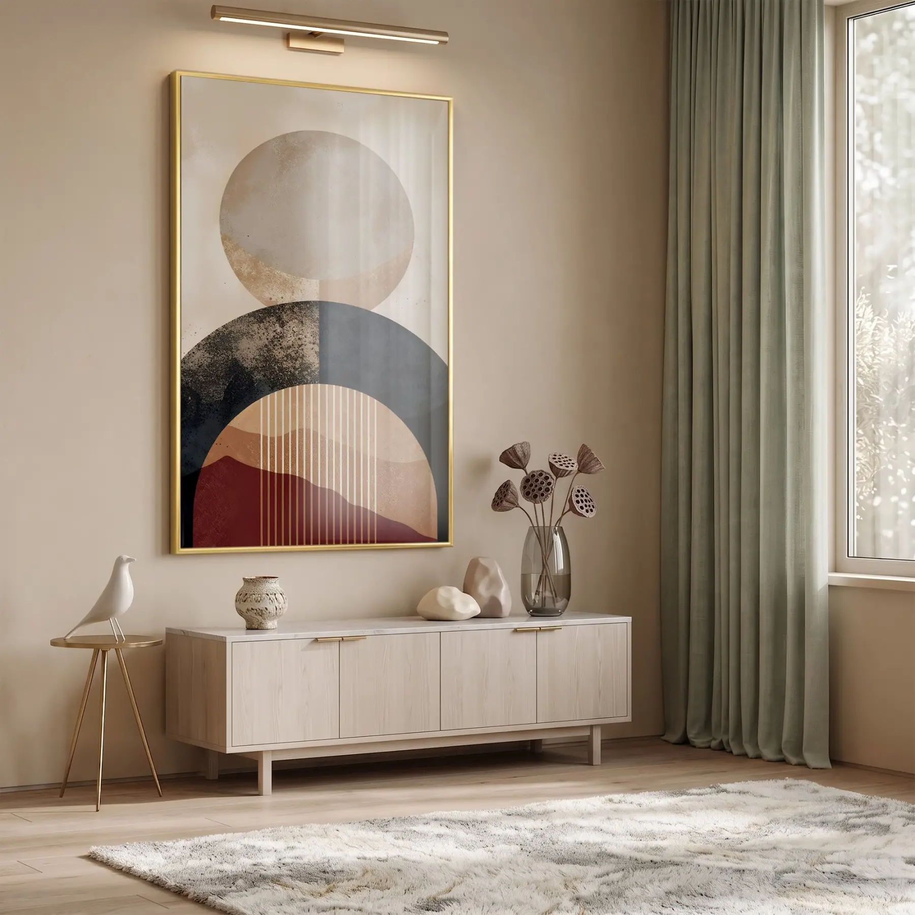 Geometrik Soyutlama Toprak Tonları Ve Tekli Gold Metal Çerçeveli Cam Tablo Duvar Salon