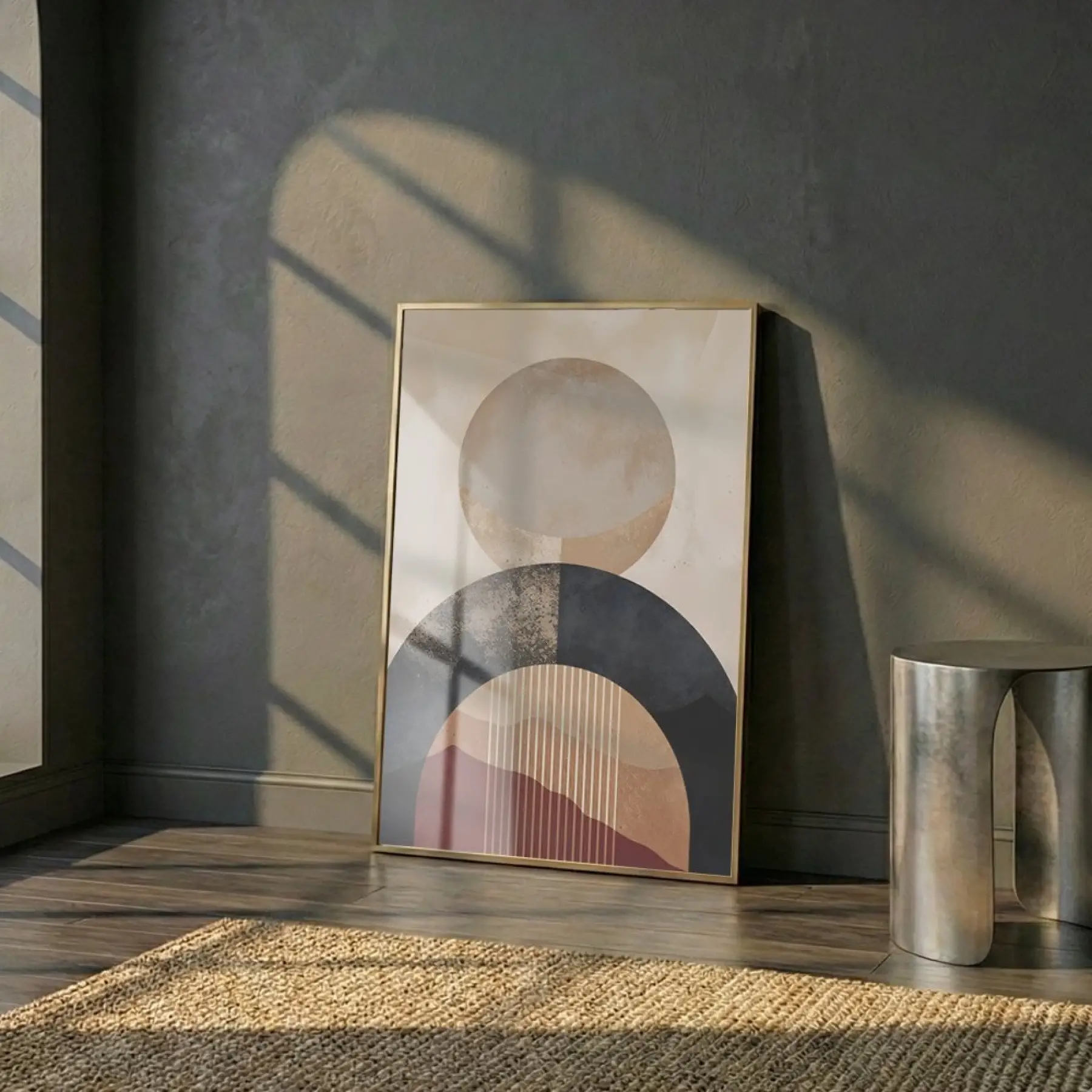 Geometrik Soyutlama Toprak Tonları Ve Tekli Gold Metal Çerçeveli Cam Tablo Duvar Salon
