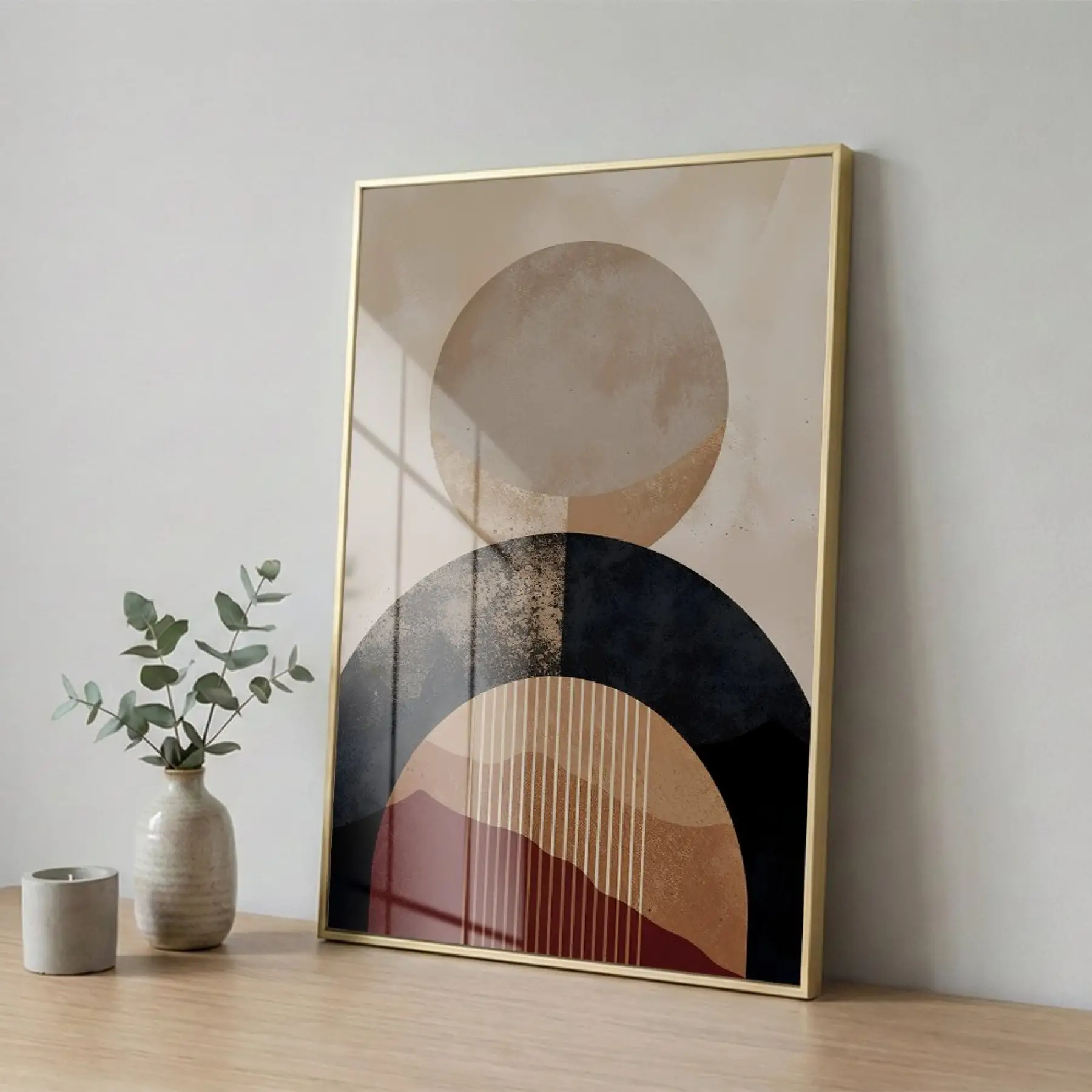 Geometrik Soyutlama Toprak Tonları Ve Tekli Gold Metal Çerçeveli Cam Tablo Duvar Salon