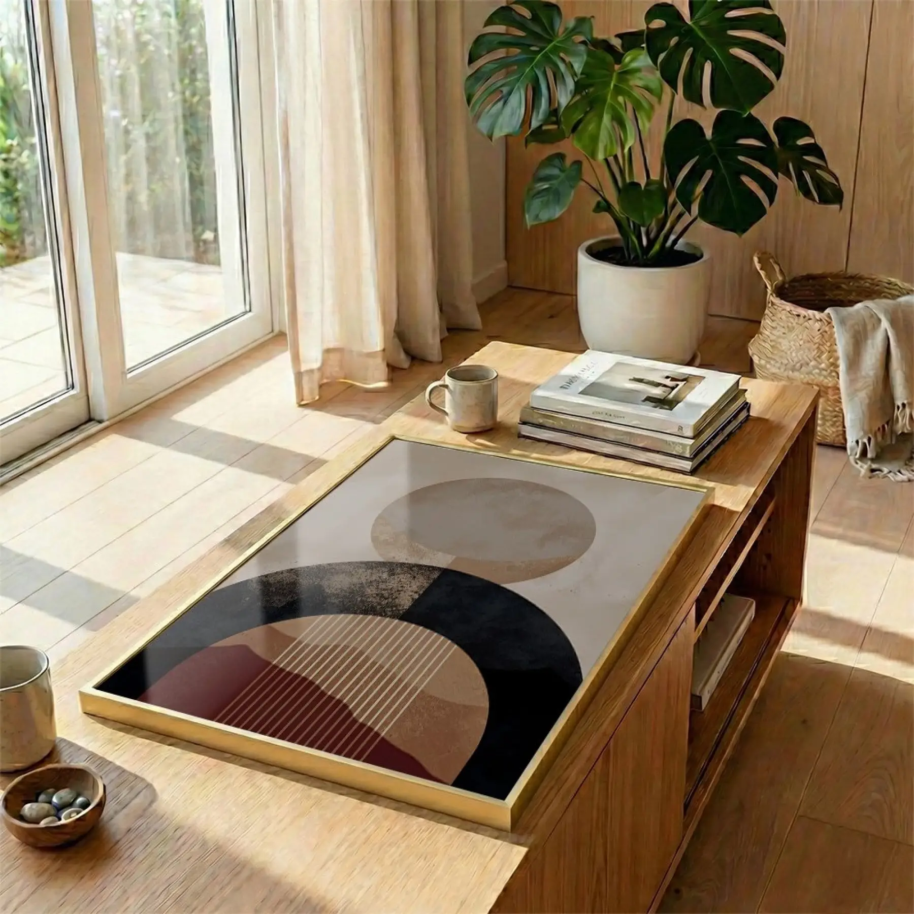 Geometrik Soyutlama Toprak Tonları Ve Tekli Gold Metal Çerçeveli Cam Tablo Duvar Salon