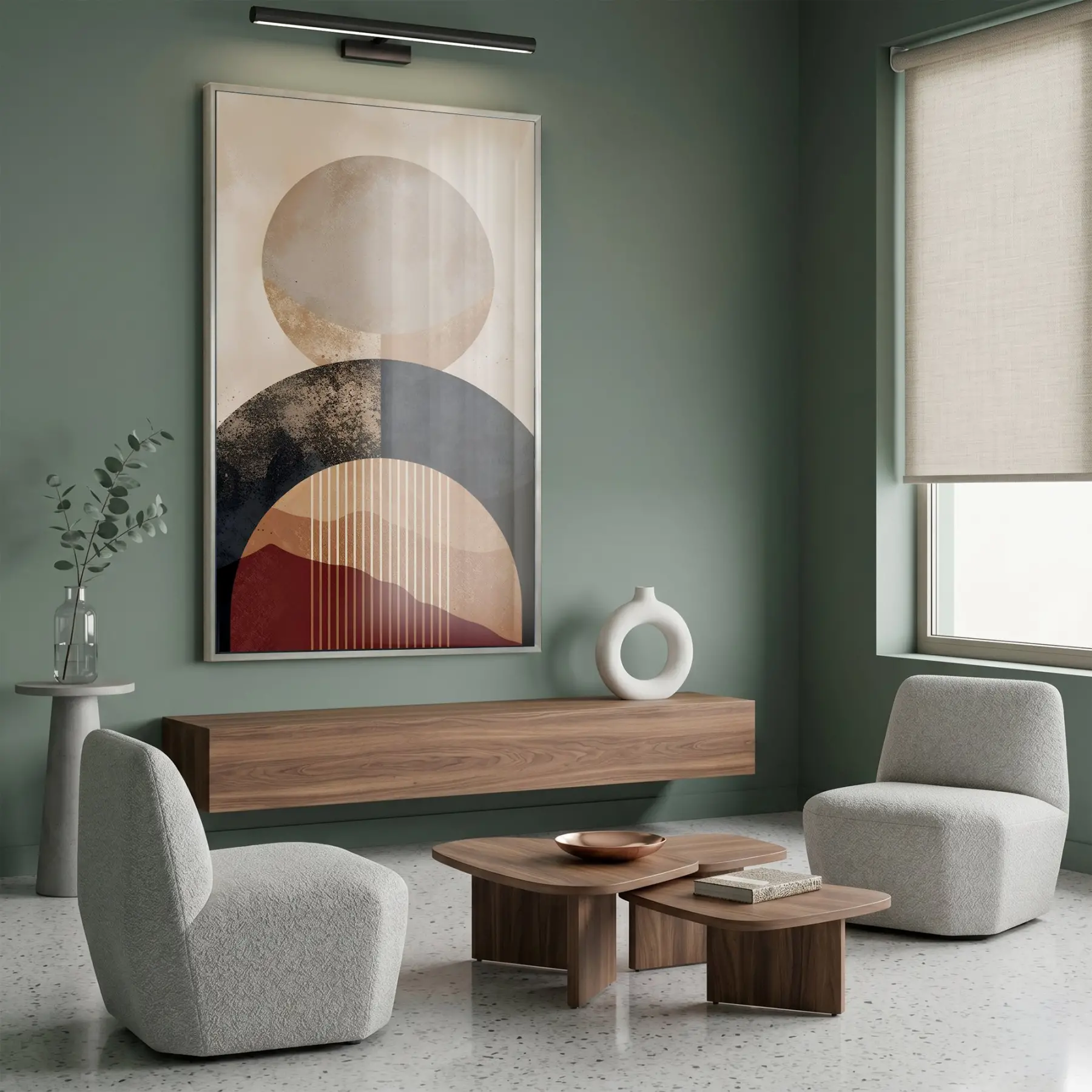 Geometrik Soyutlama Toprak Tonları Ve Tekli Gümüş Metal Çerçeveli Cam Tablo Salon Oturma