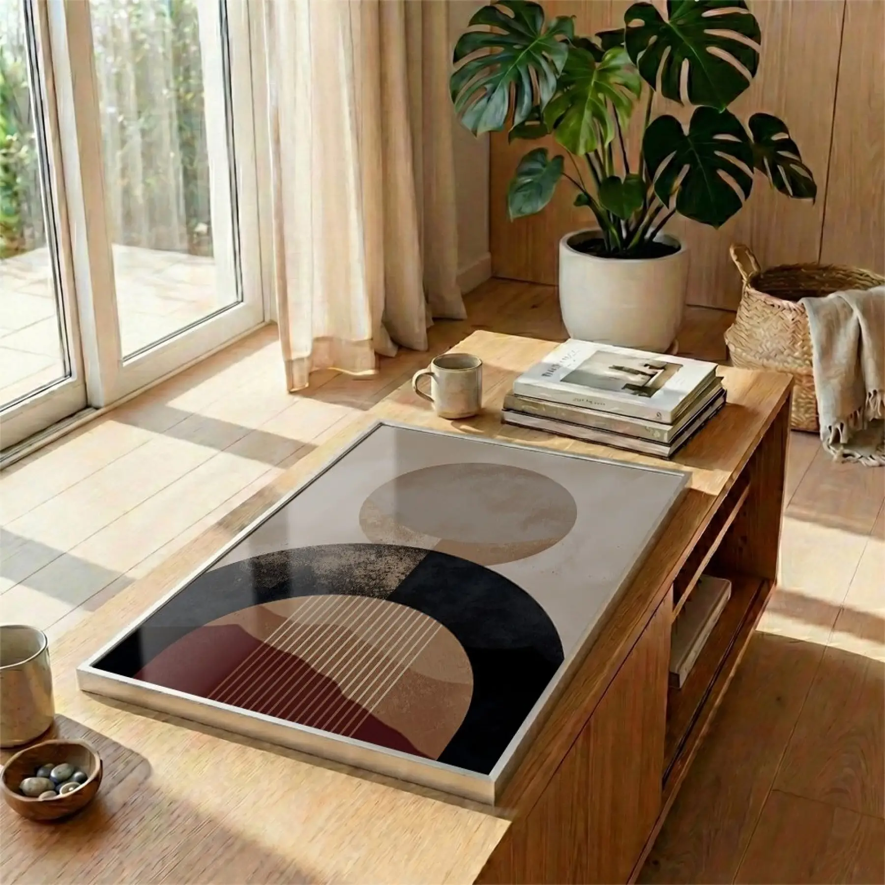 Geometrik Soyutlama Toprak Tonları Ve Tekli Gümüş Metal Çerçeveli Cam Tablo Salon Oturma